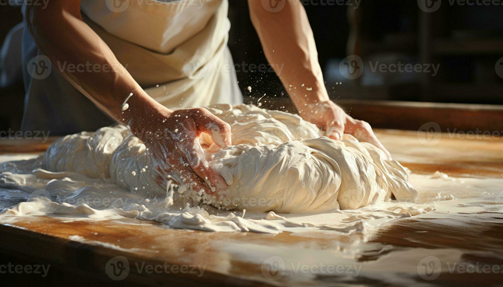 een bakker hand- kneden deeg Aan een houten tafel gegenereerd door ai foto