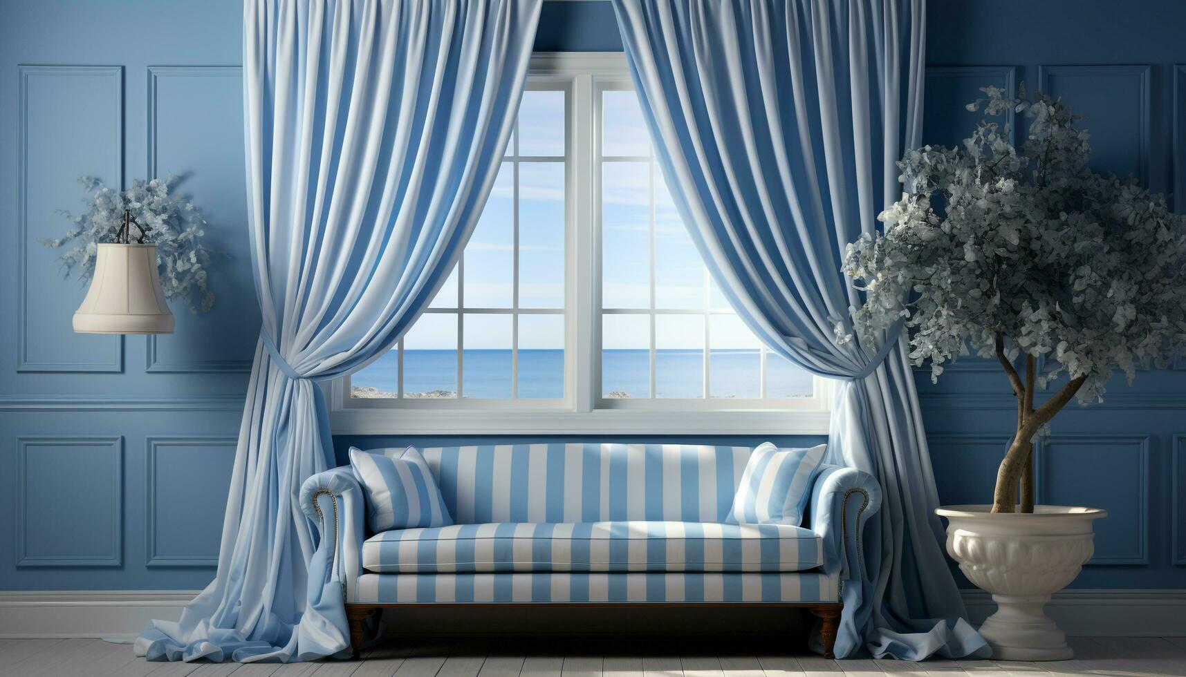 modern blauw leven kamer met elegant decoratie en comfortabel sofa gegenereerd door ai foto