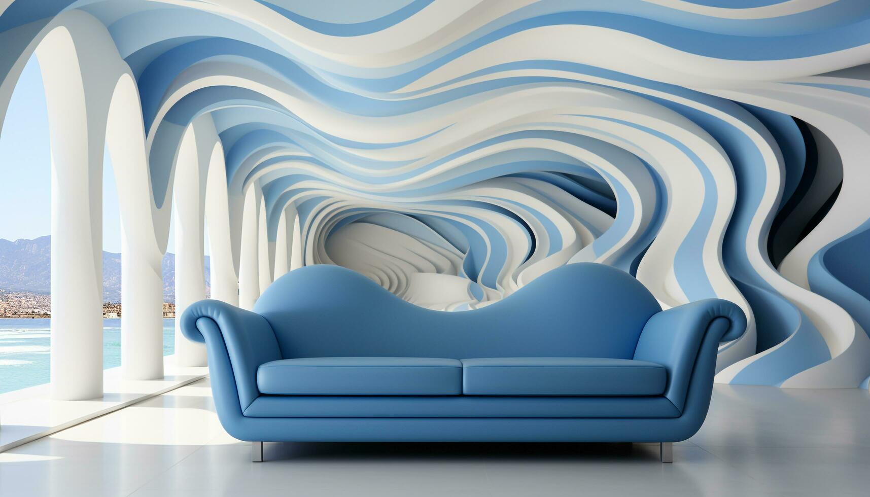 modern blauw ontwerp binnenshuis met comfortabel sofa en elegant decoratie gegenereerd door ai foto