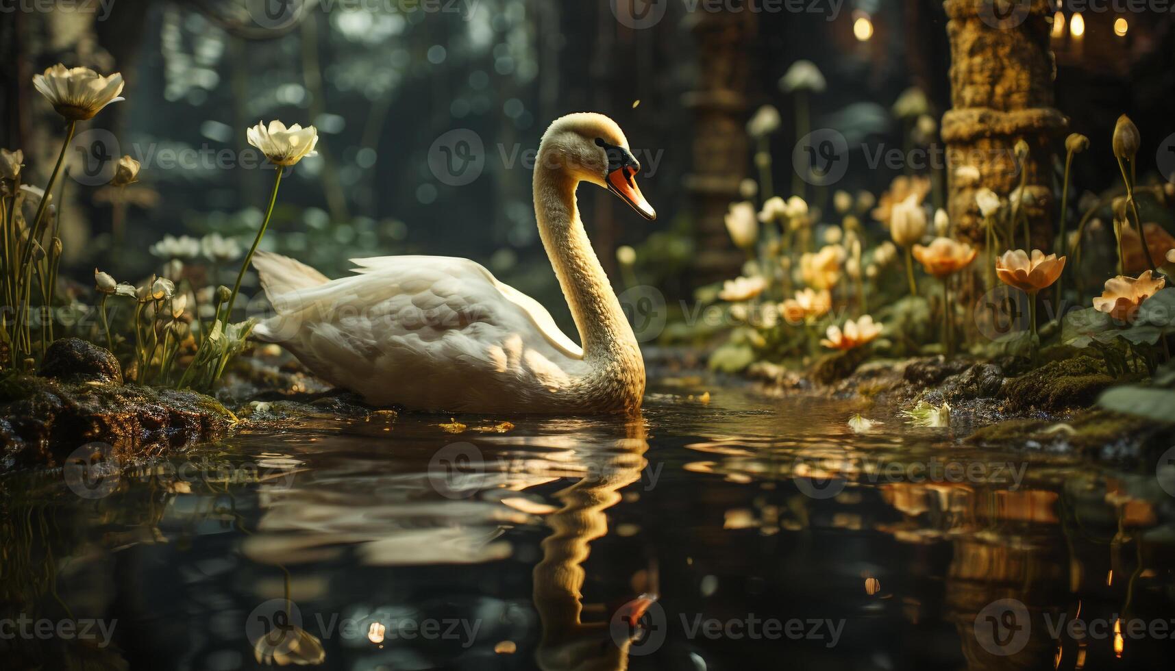 zwaan sierlijk zwemt in rustig vijver, reflecterend natuurlijk schoonheid gegenereerd door ai foto