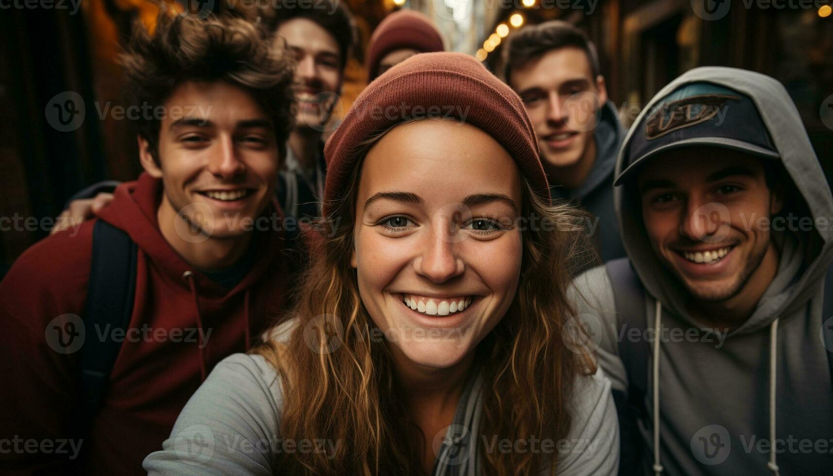glimlachen mannen en Dames, jong volwassenen, vrolijk vriendschap buitenshuis gegenereerd door ai foto