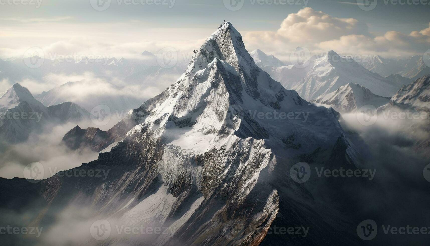 majestueus berg piek, sneeuw afgedekt, omringd door panoramisch natuur landschap gegenereerd door ai foto