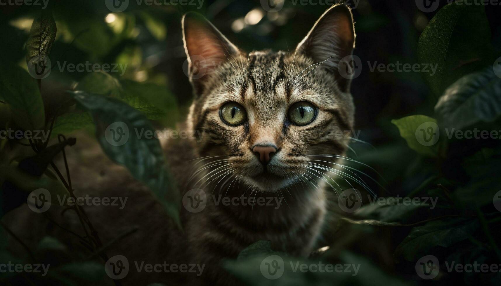 schattig katje met gestreept vacht zittend in groen gras buitenshuis gegenereerd door ai foto