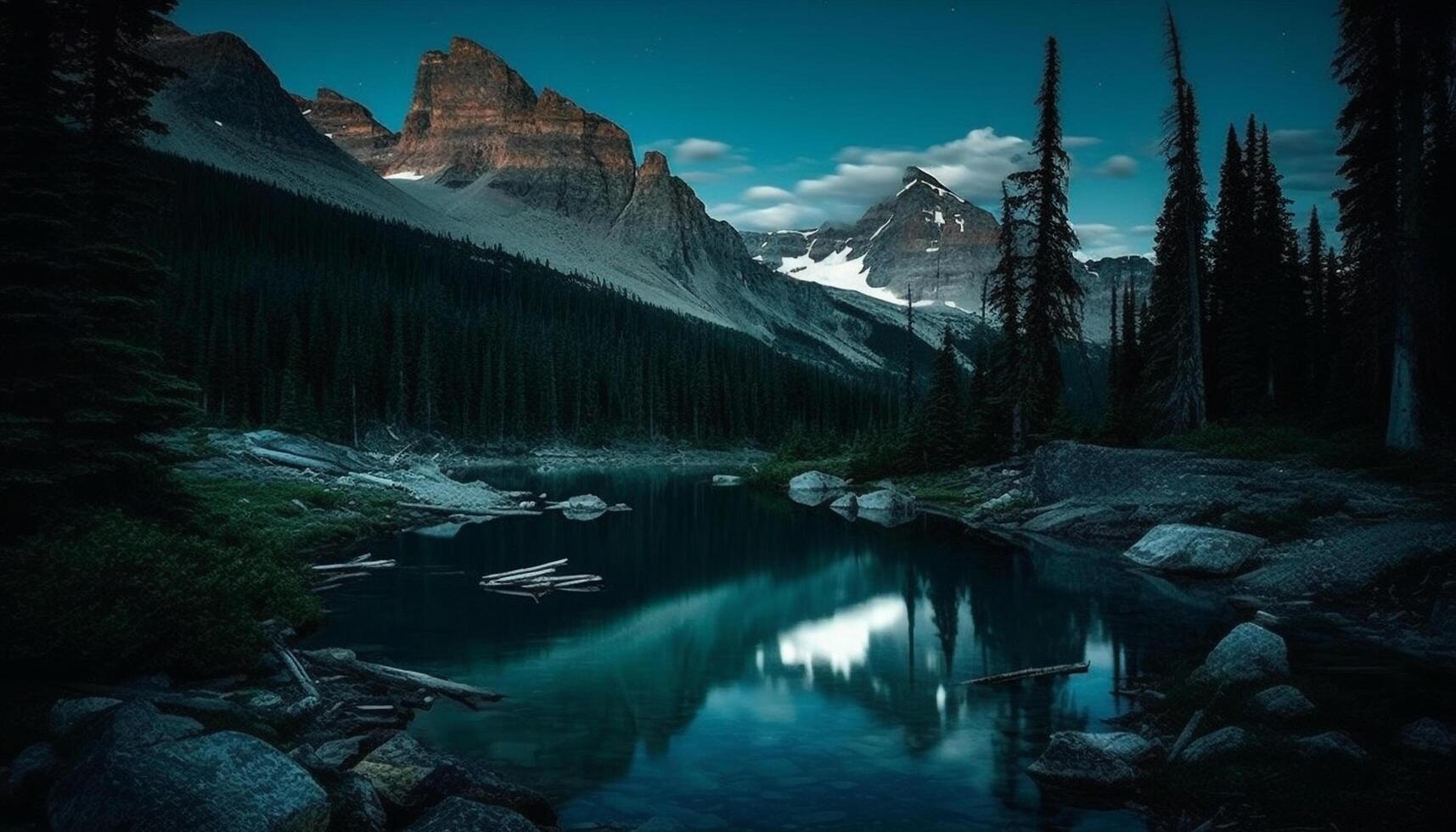 majestueus berg top weerspiegelt rustig schoonheid in natuur wildernis gegenereerd door ai foto