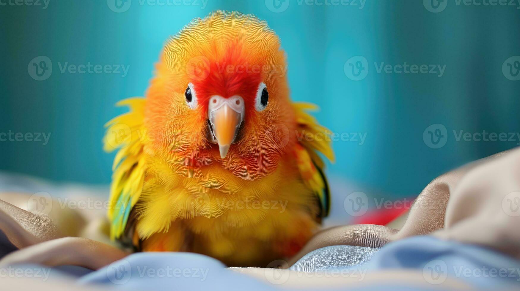 mooi geel en oranje papegaai Aan een blauw achtergrond detailopname foto