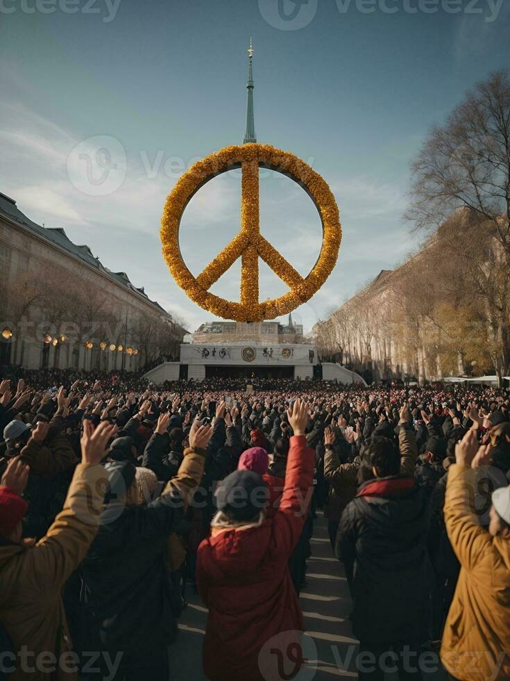 Internationale dag van vrede, december 21e. Daar waren 2 veel van mensen verhogen hun handen en Daar was een groot vrede symbool, ai gegenereerd. foto