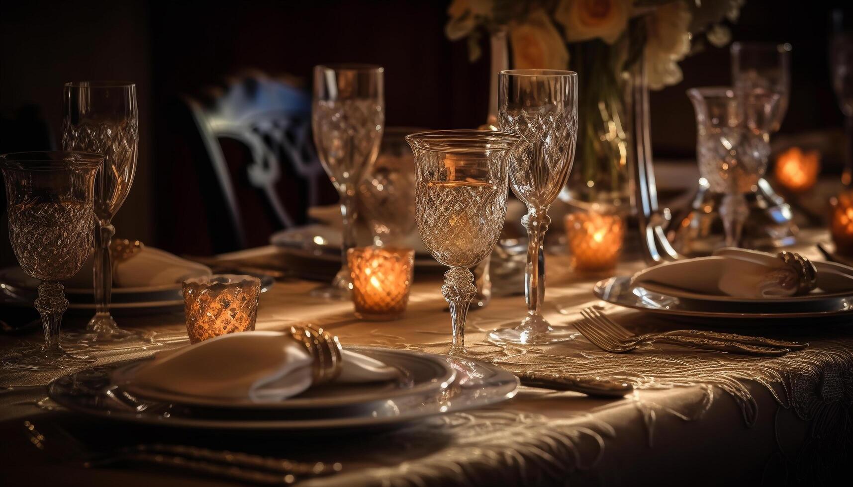 luxe tafel decoratie met elegant glaswerk, zilverwerk, en kristal wijnglas gegenereerd door ai foto