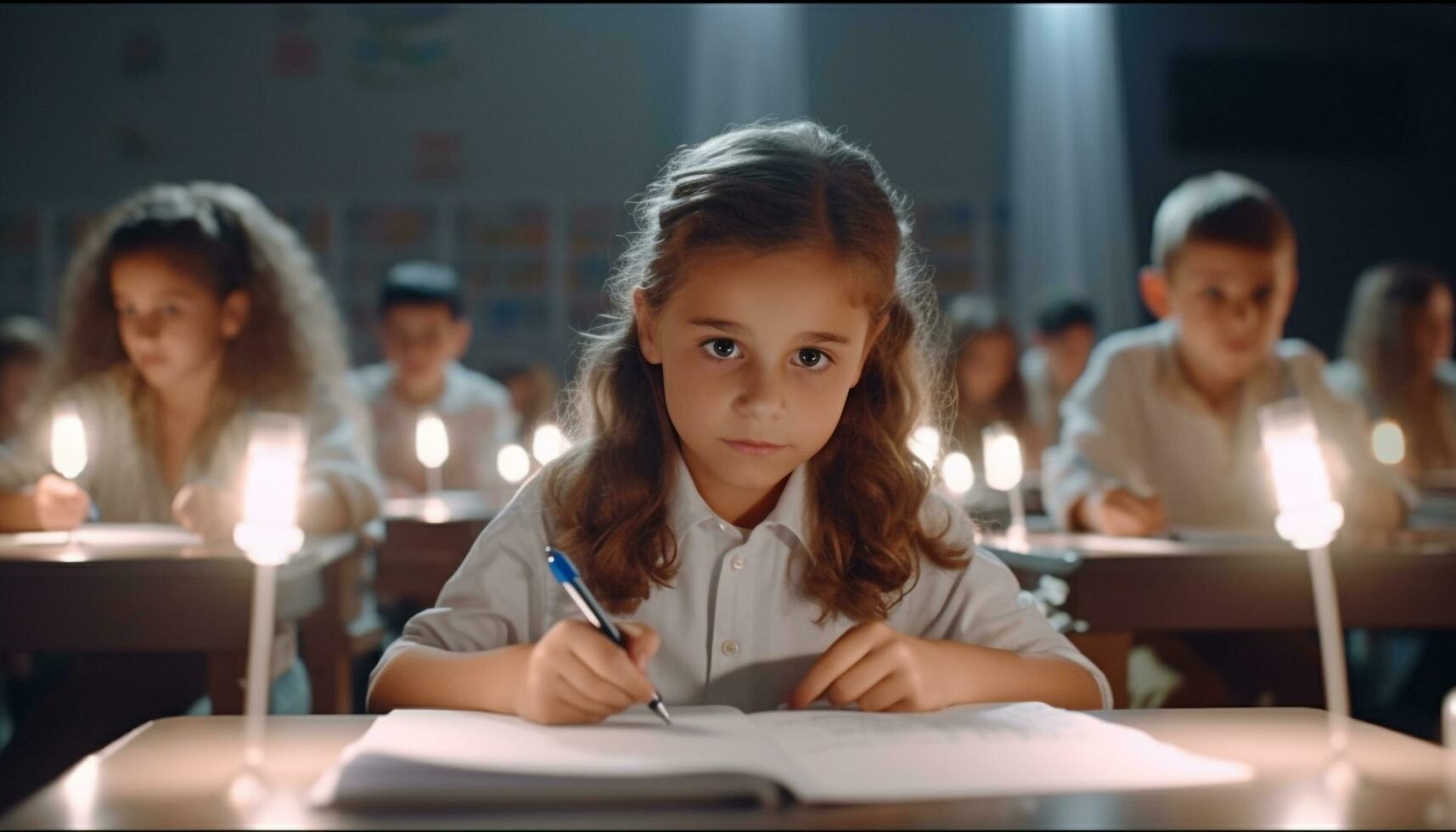 schattig kinderen aan het studeren binnenshuis, lachend, aan het leren, zittend Bij klas bureaus gegenereerd door ai foto