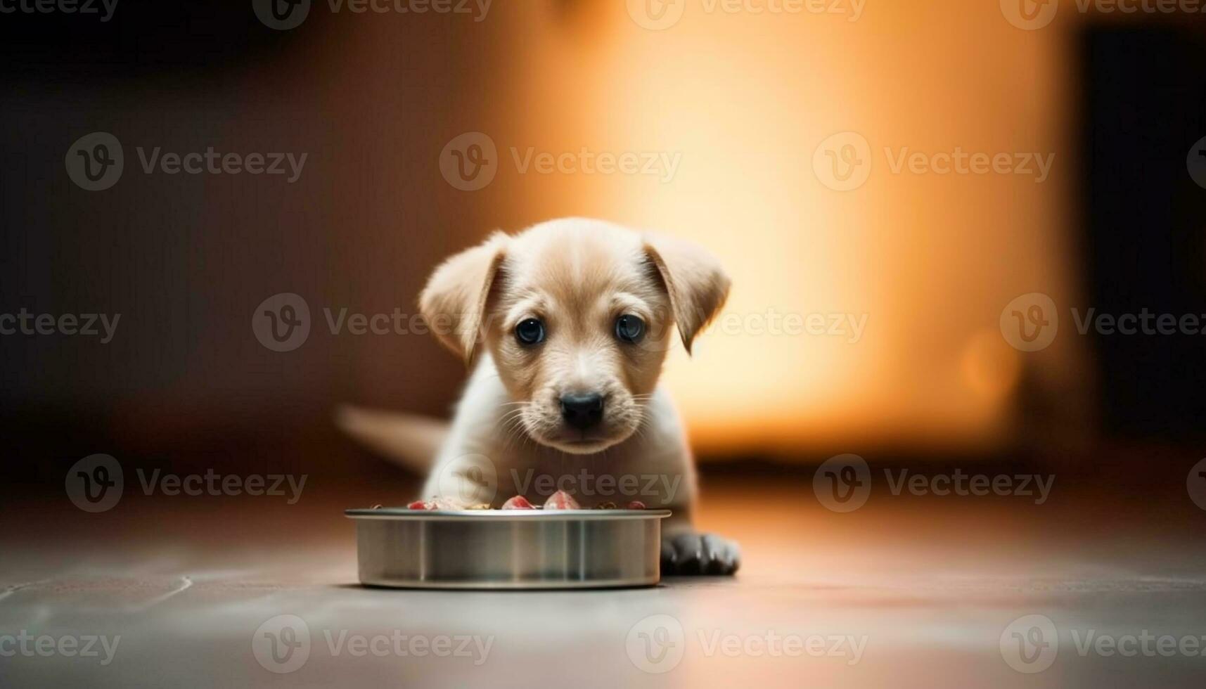 schattig puppy zitten, op zoek Bij camera, aan het eten van hond kom gegenereerd door ai foto