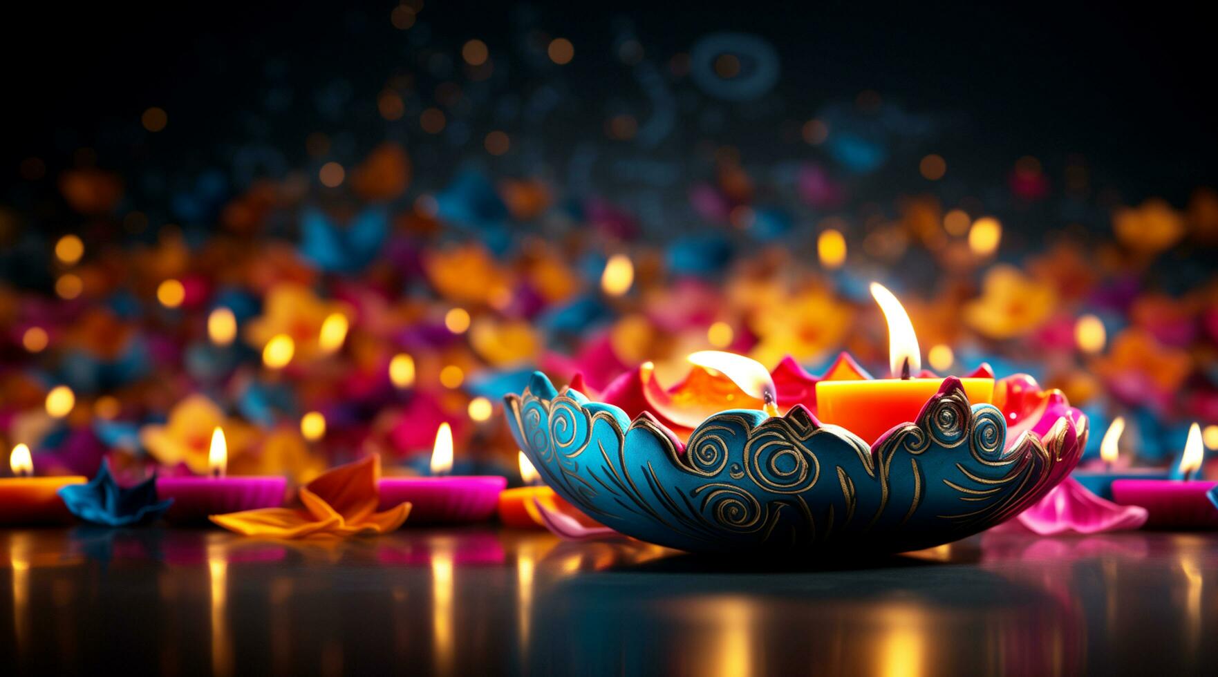 een foto van een feestelijk diwali kaars met kleurrijk achtergrond en bokeh licht