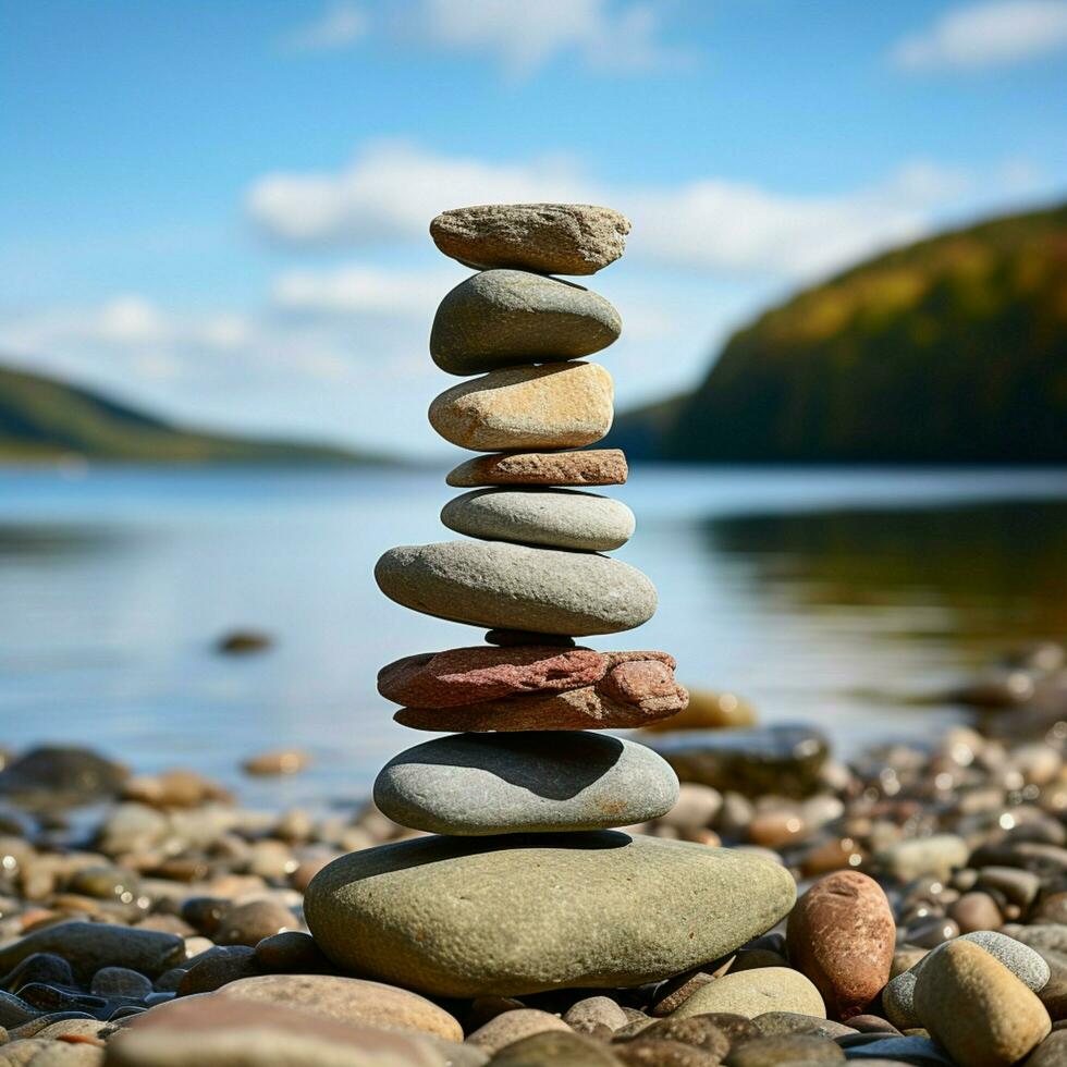 kust- steenhoop stenen geregeld in een kust piramide, een rustig en natuurlijk monument voor sociaal media post grootte ai gegenereerd foto