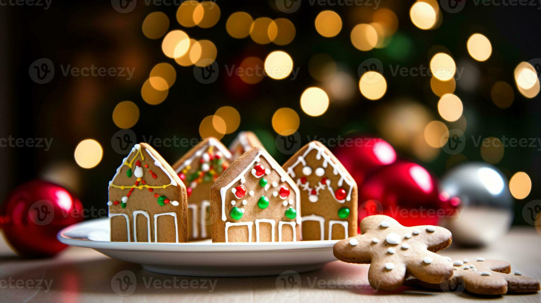 ai generatief Kerstmis peperkoek huizen en dorp dichtbij omhoog schot van versierd peperkoek koekjes foto