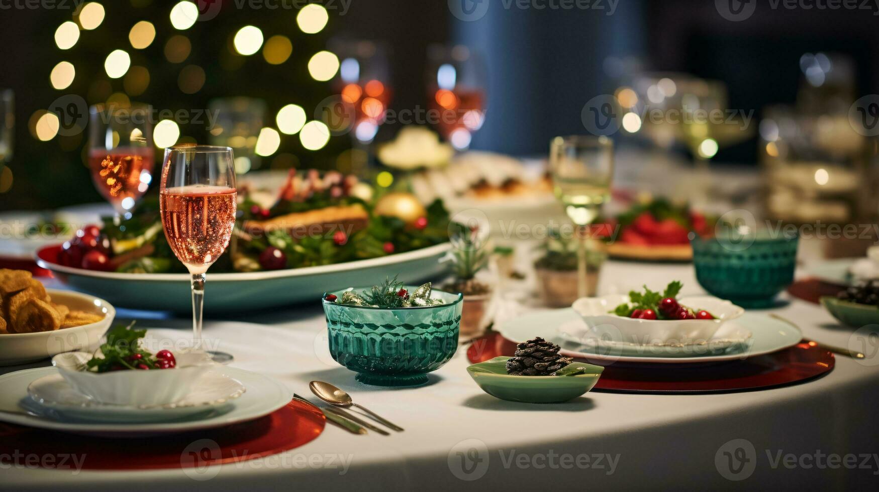 ai generatief Kerstmis avondeten tafelblad, prachtig versierd met romig bokeh Kerstmis lichten in de achtergrond foto