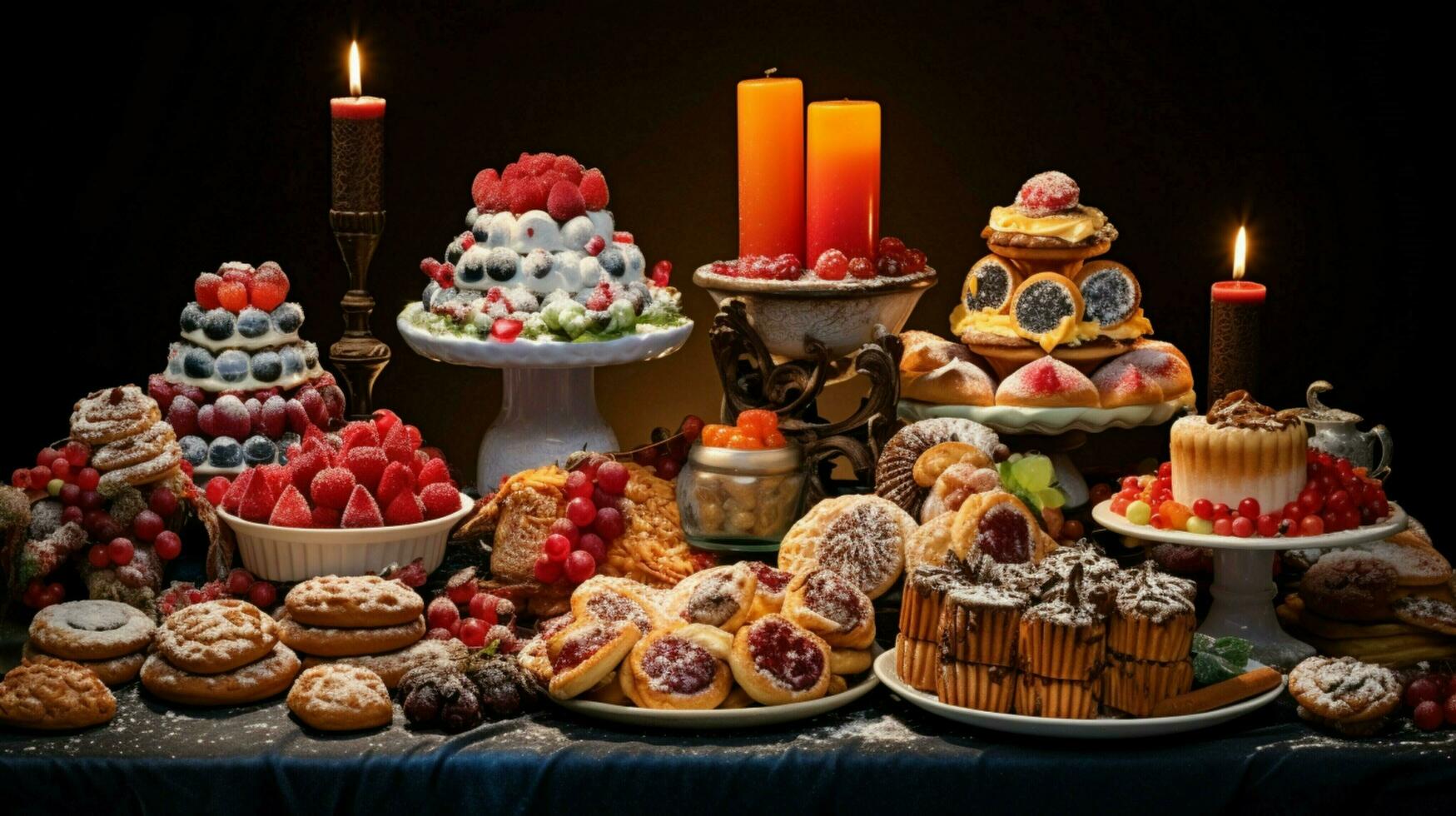 een feestelijk tafel van gebakken goederen in divers vormen en kleur foto