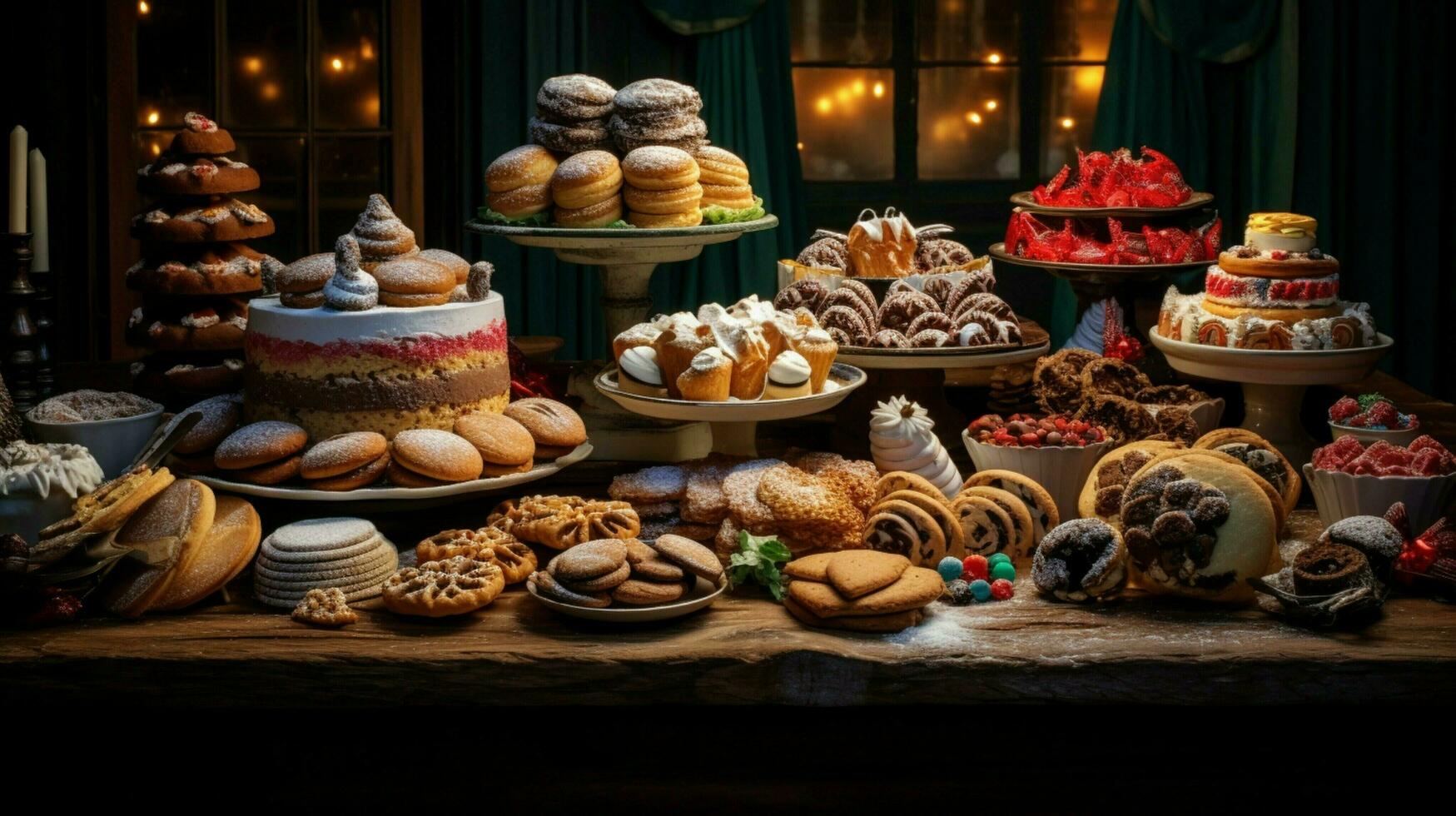 een feestelijk tafel van gebakken goederen in divers vormen en kleur foto