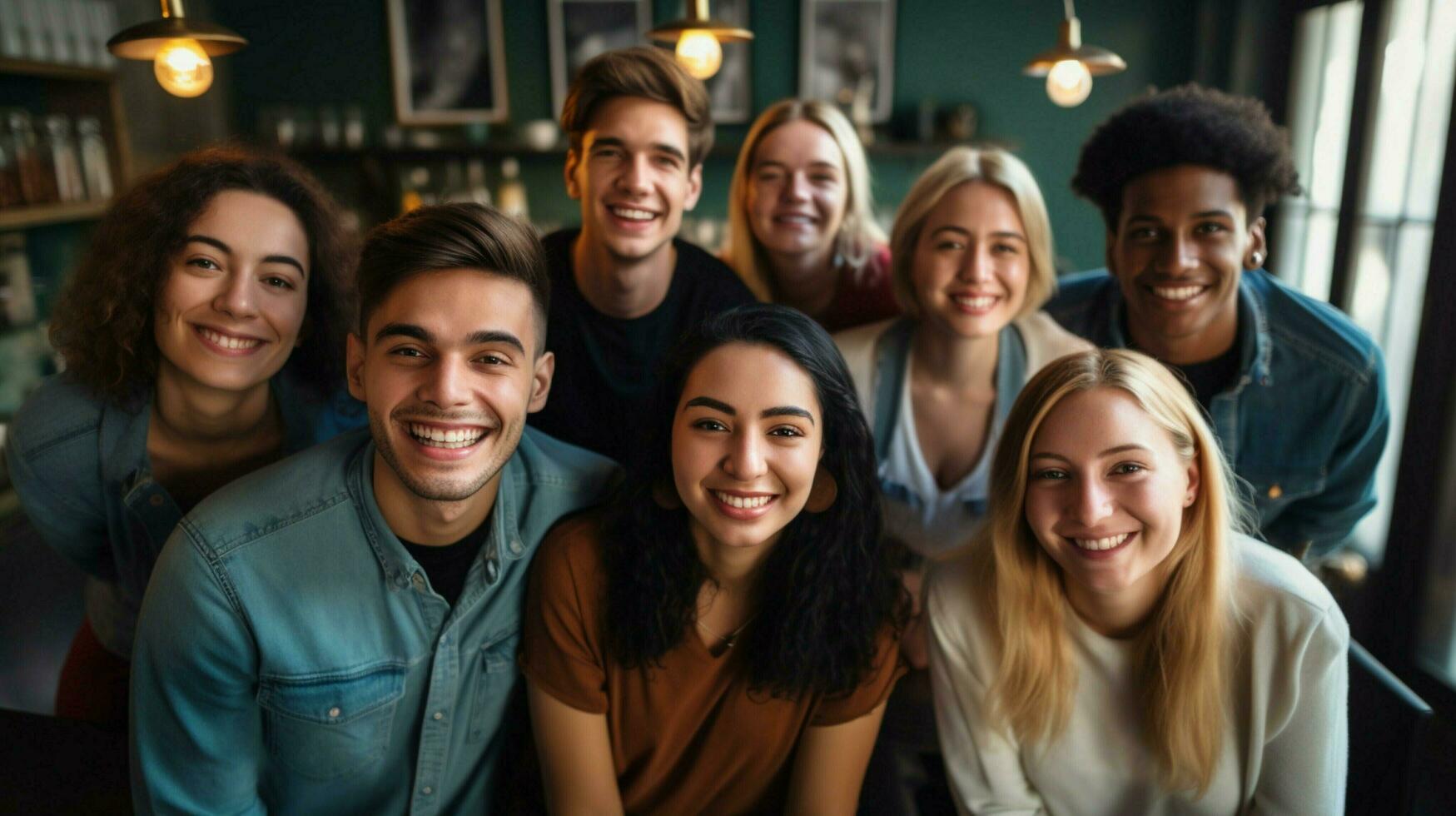 een groep van jong volwassenen binnenshuis glimlachen op zoek Bij camera foto