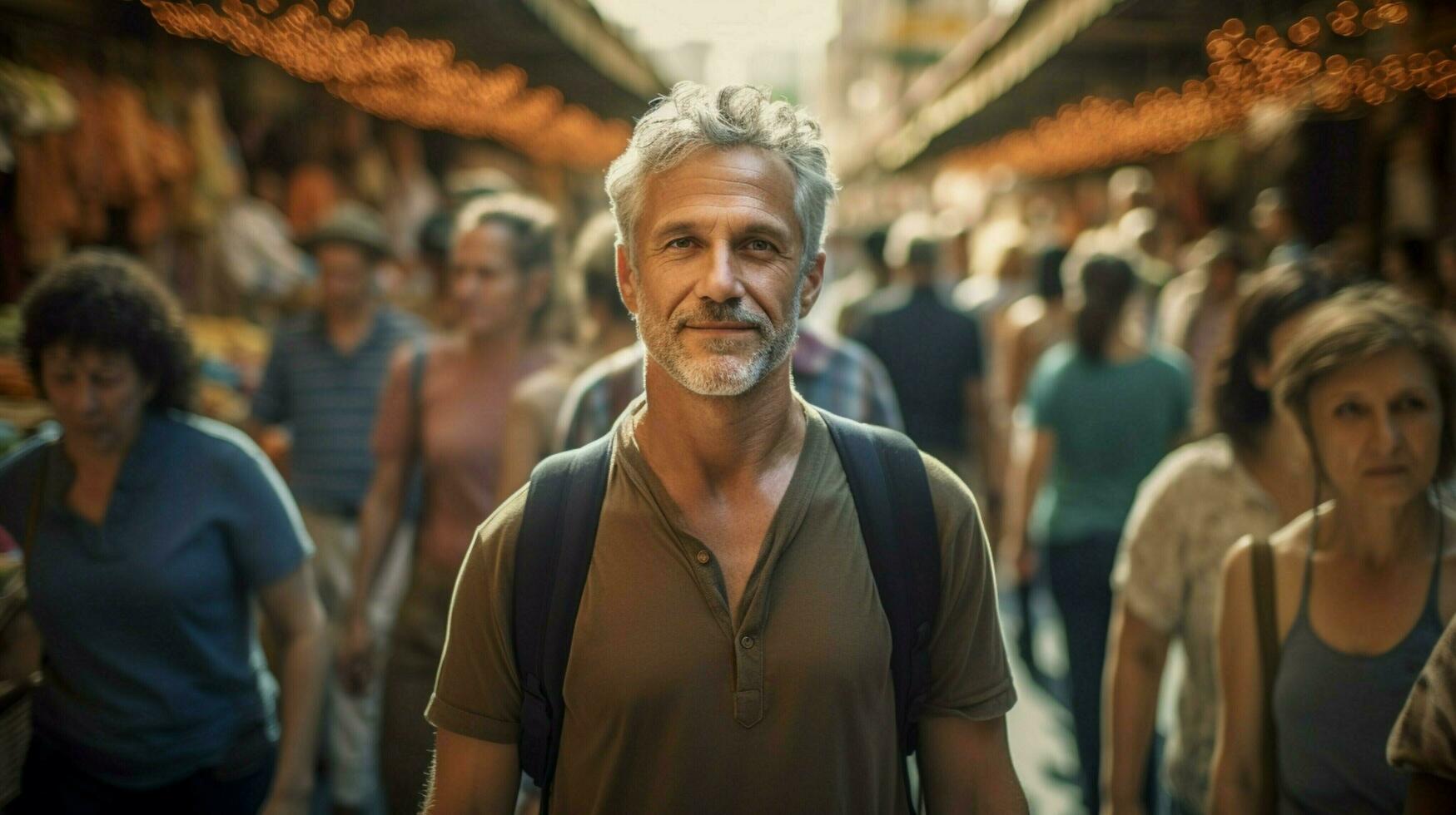 een volwassen Mens wandelen in een druk markt op zoek Bij camera foto