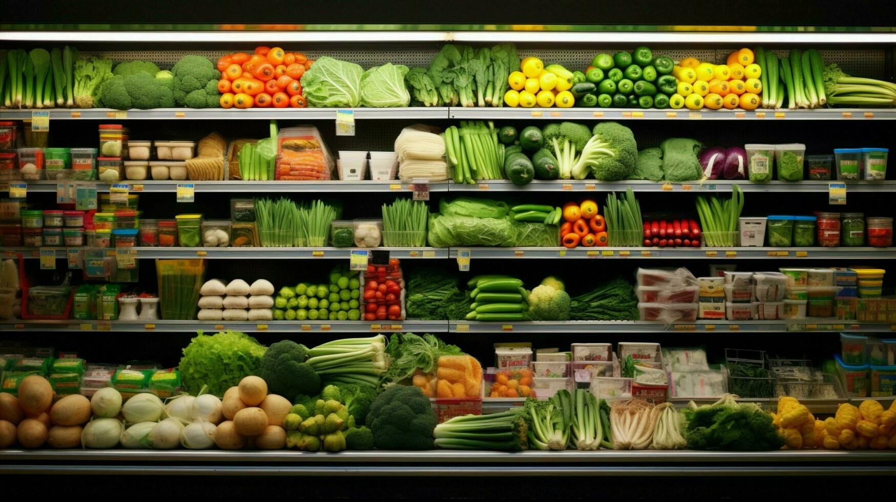 overvloed van vers boodschappen in supermarkt schappen foto