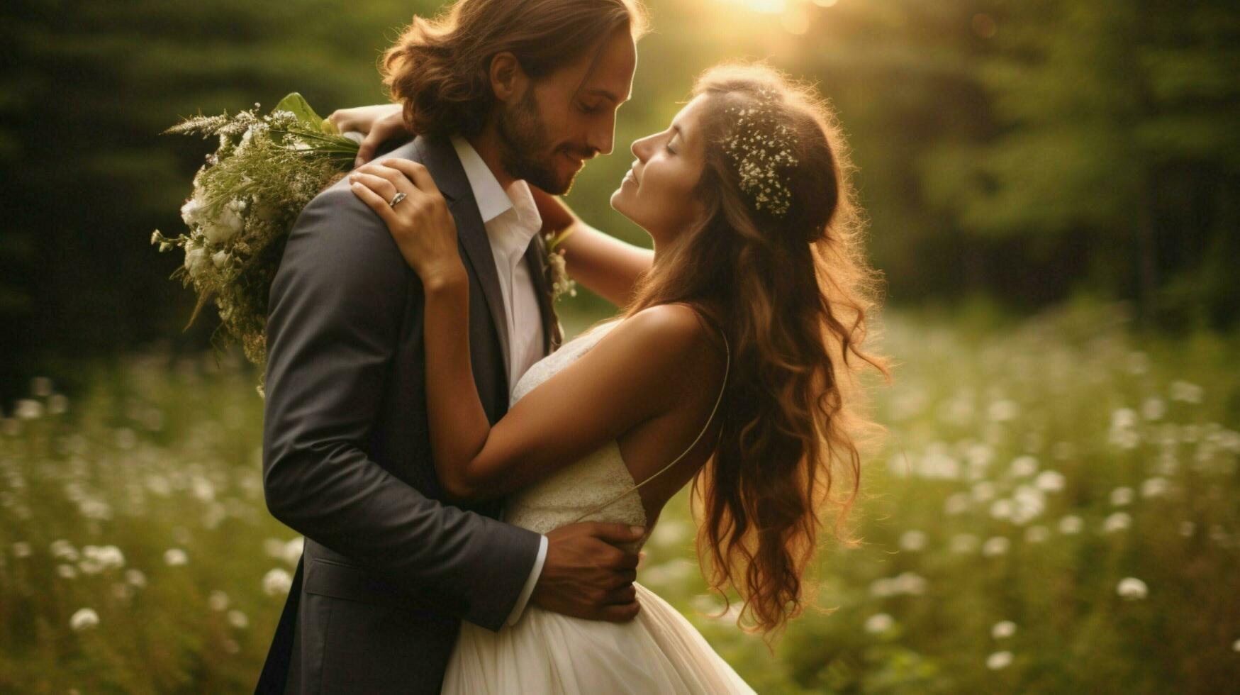 bruid en bruidegom vieren liefde in natuur foto