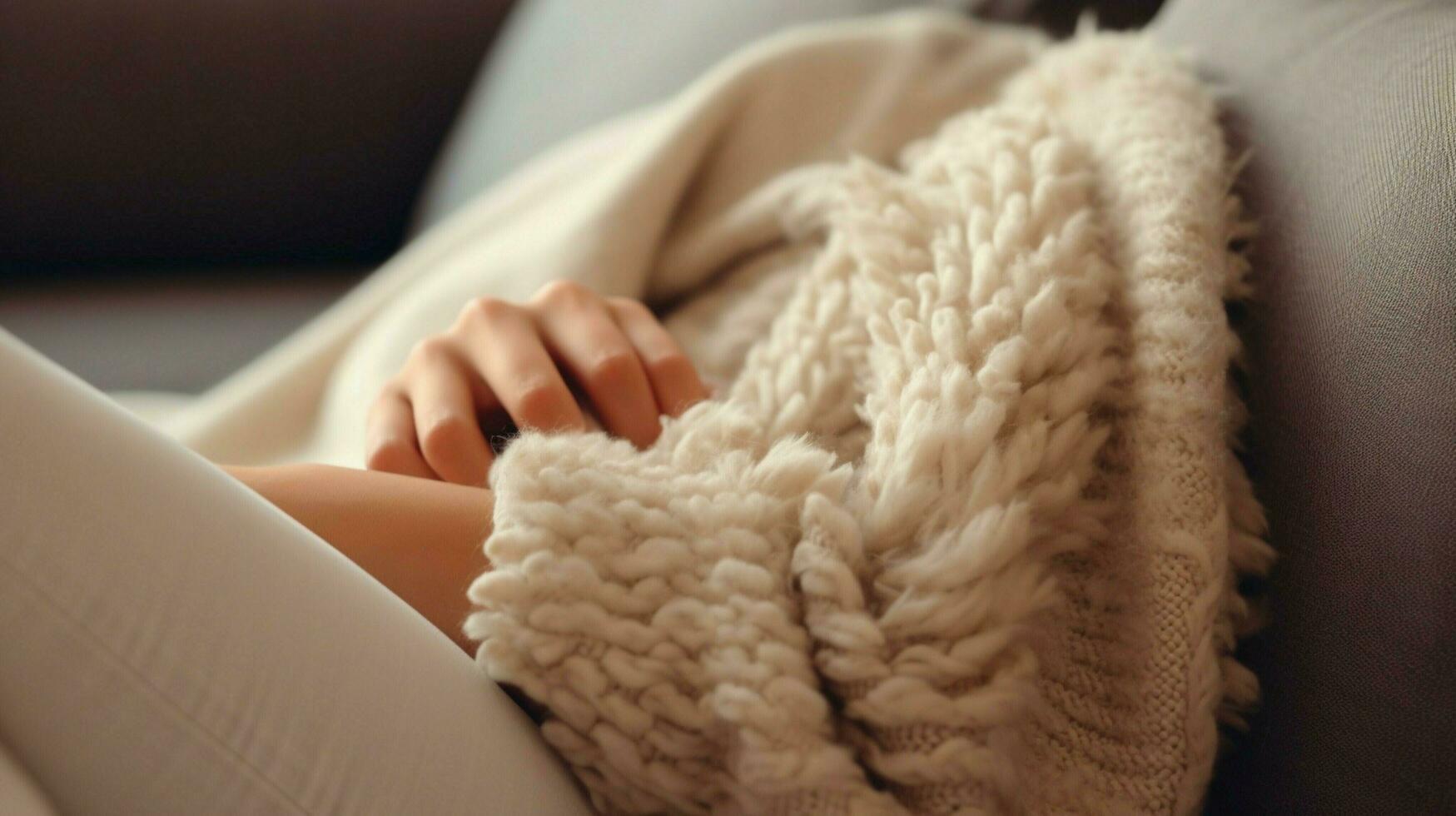 knus wol deken Aan sofa hand- Holding hoofdkussen voor ontspanning foto