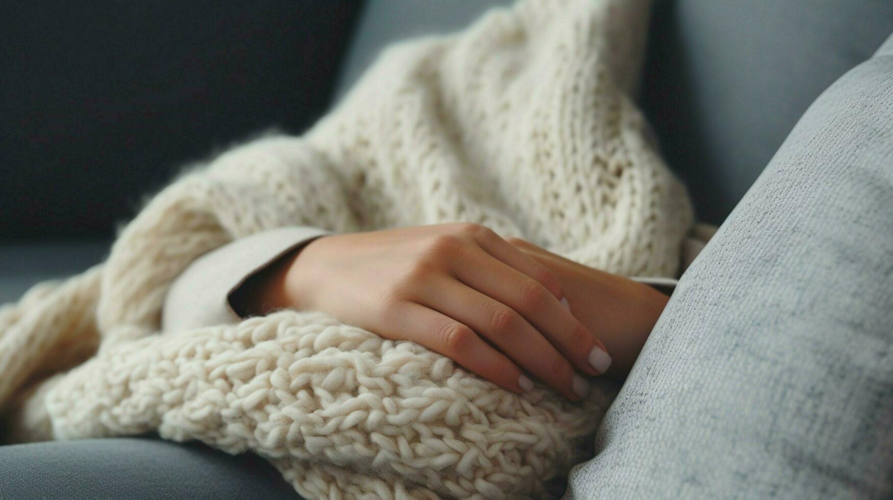 knus wol deken Aan sofa hand- Holding hoofdkussen voor ontspanning foto