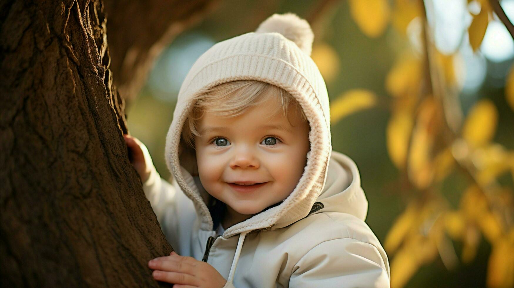 schattig baby jongen spelen buitenshuis glimlachen met onschuld foto