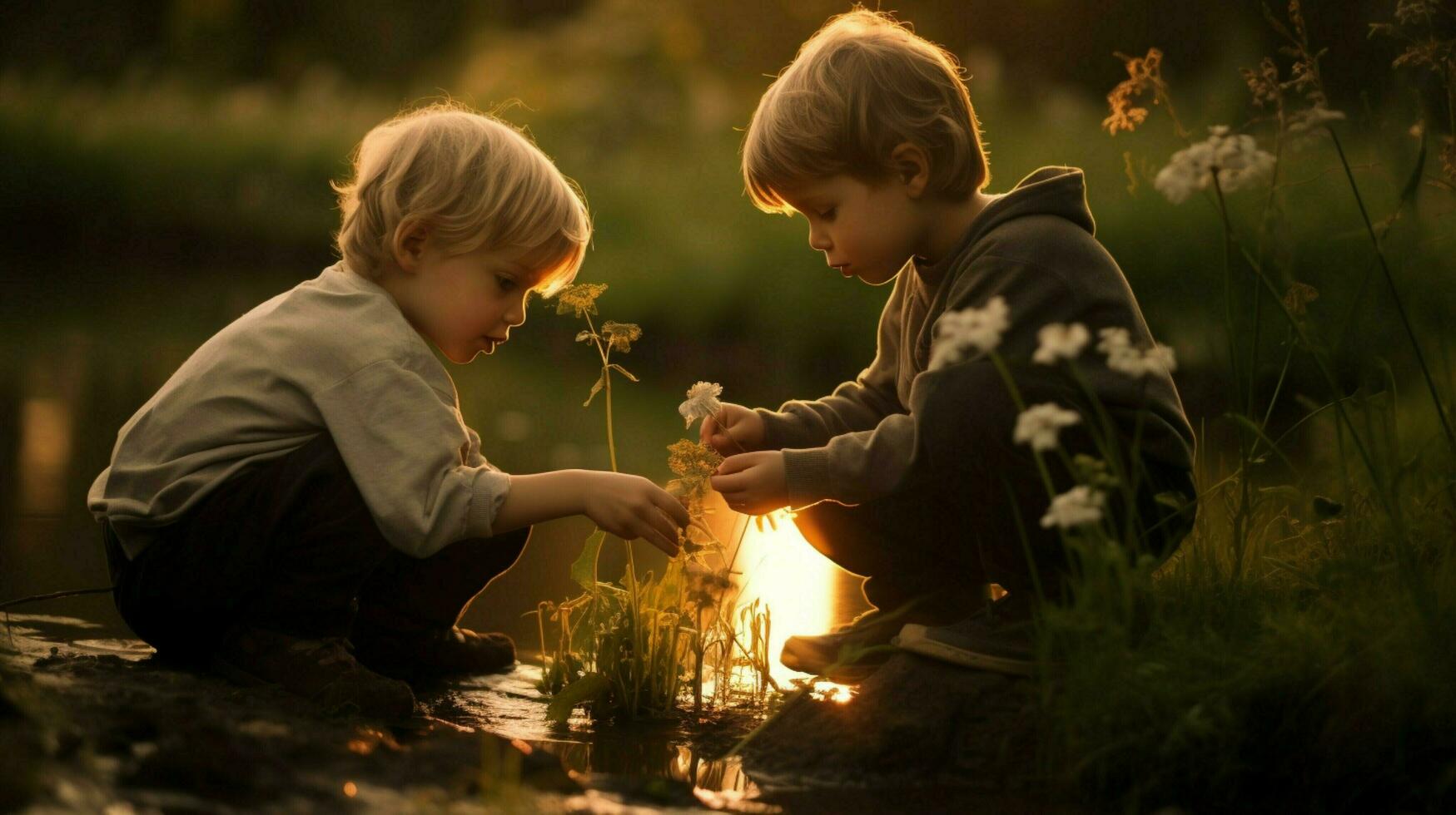 schattig jongens spelen in natuur Bij zonsondergang foto
