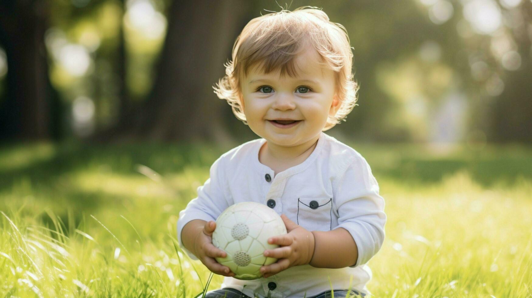 schattig Kaukasisch kleuter spelen buitenshuis Holding speelgoed- glimlachen foto