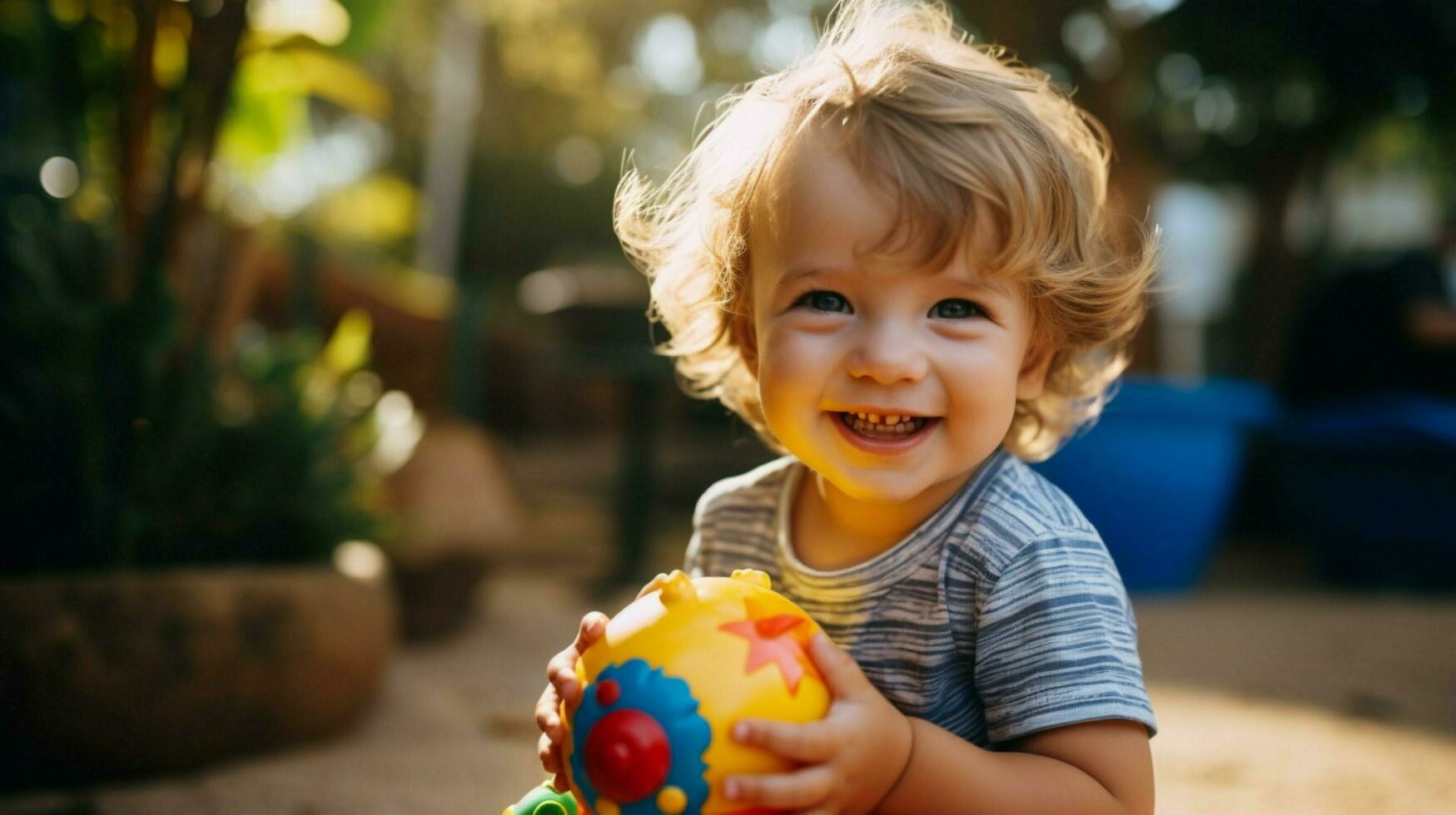 schattig Kaukasisch kleuter spelen buitenshuis Holding speelgoed- glimlachen foto