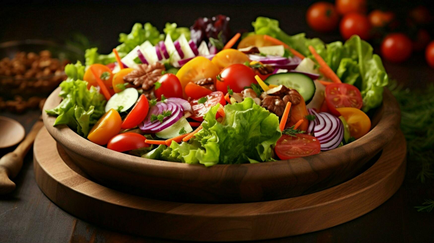 vers gezond salade met biologisch groenten Aan een houten foto