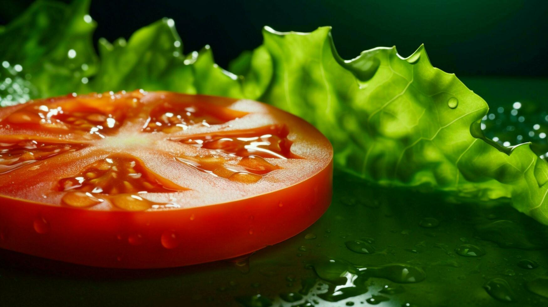 vers rijp tomaat plak Aan groen blad een fijnproever zomer foto