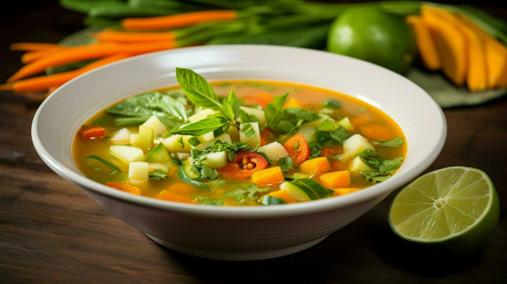 vers groente soep in een kom gegarneerd met limoen plak foto