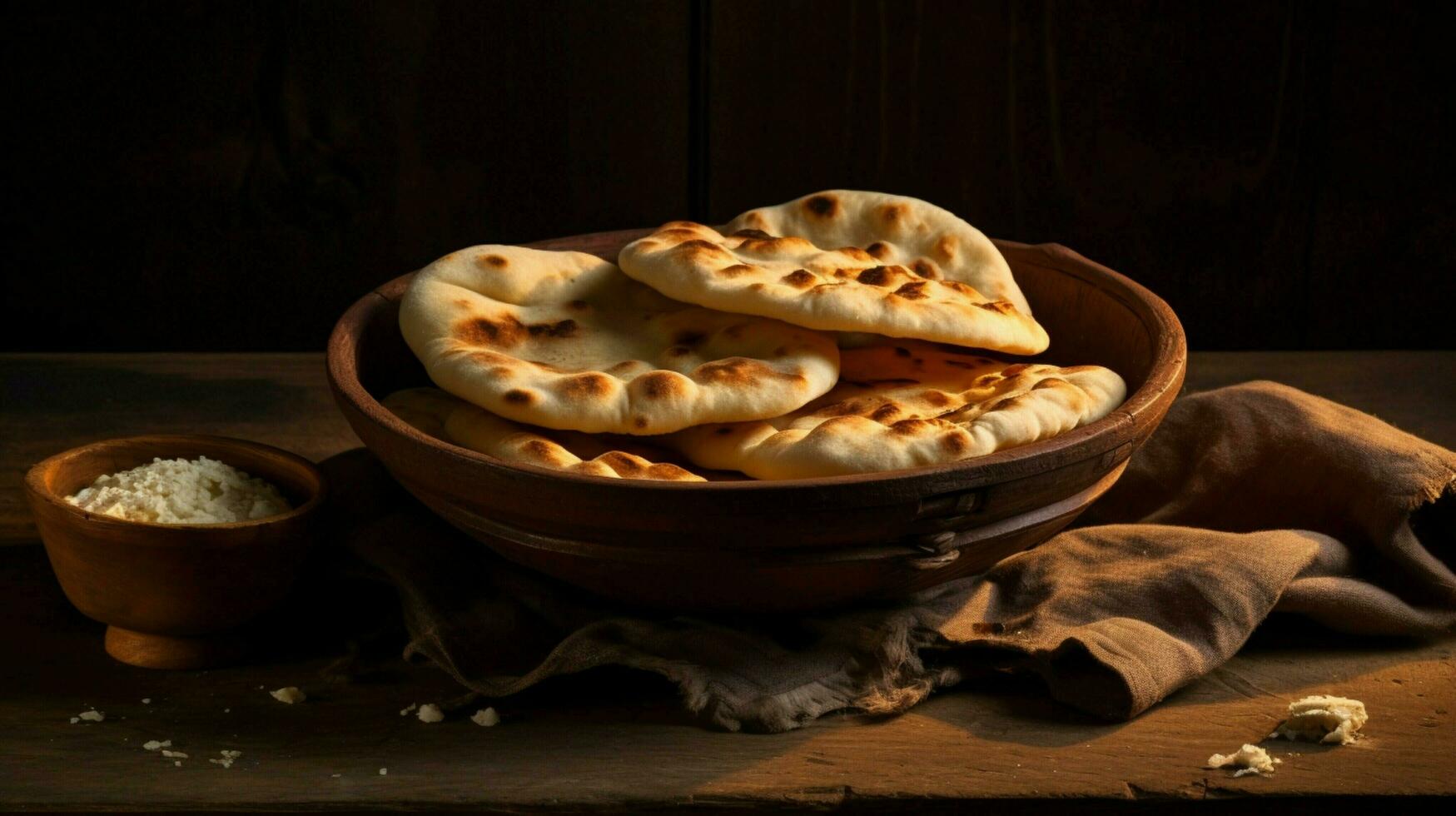 vers gebakken naan brood in rustiek hout kom foto