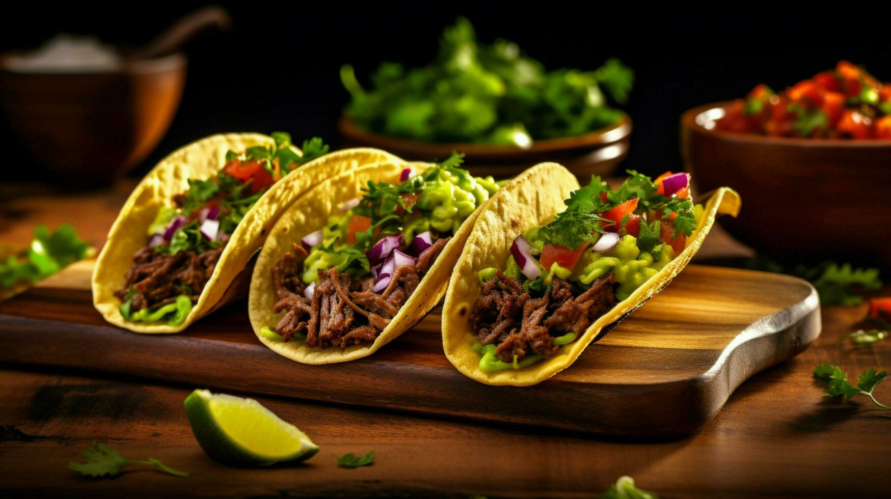 vers gekookt rundvlees taco Aan een houten bord met guacamole foto