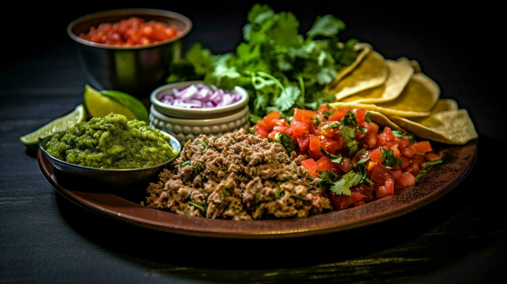 versheid Aan een bord taco vlees guacamole tortilla saus foto