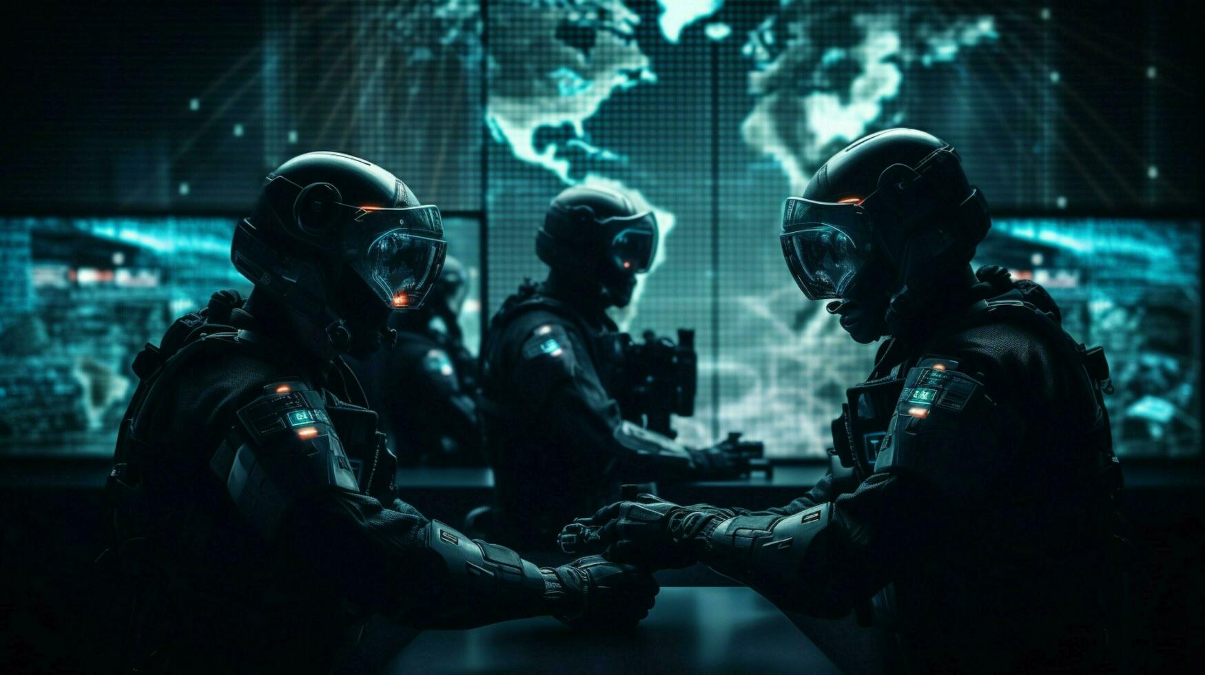 futuristische gewapend krachten in zwart achtergrond leger wetenschap foto