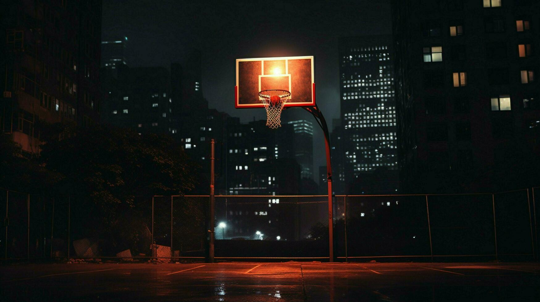 gloeiend basketbal hoepel in donker stadsgezicht wedstrijd foto