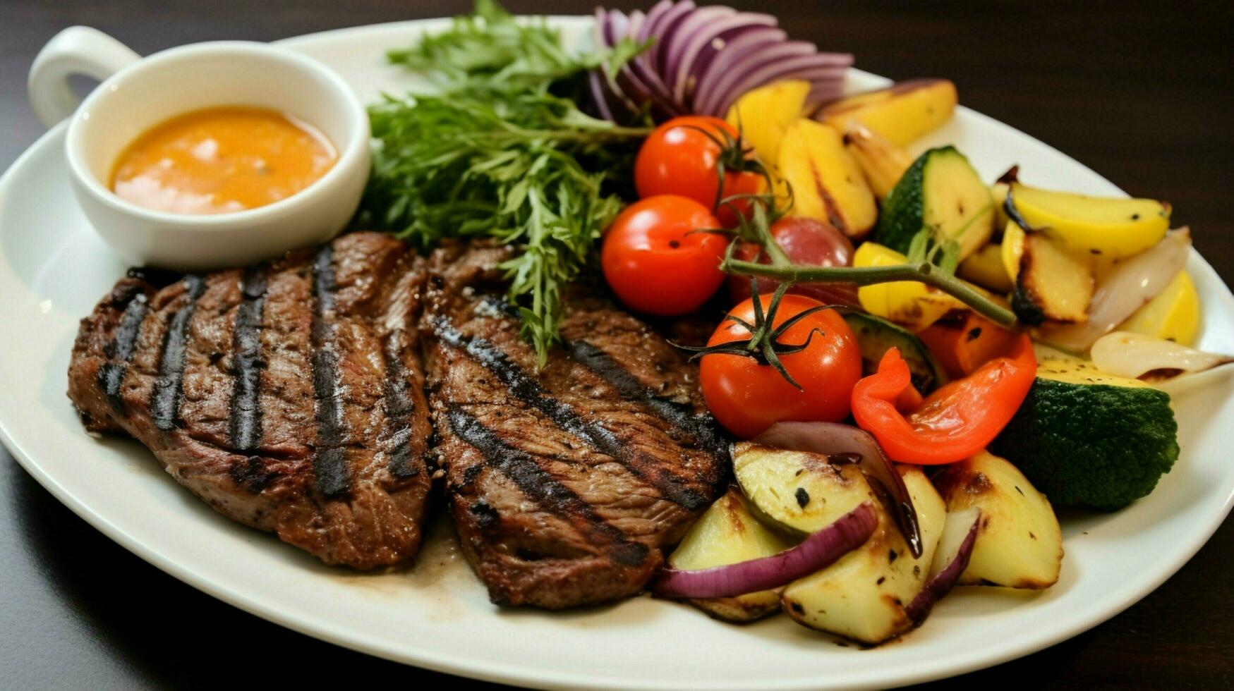 gegrild vlees en groenten Aan een bord een fijnproever lunch foto