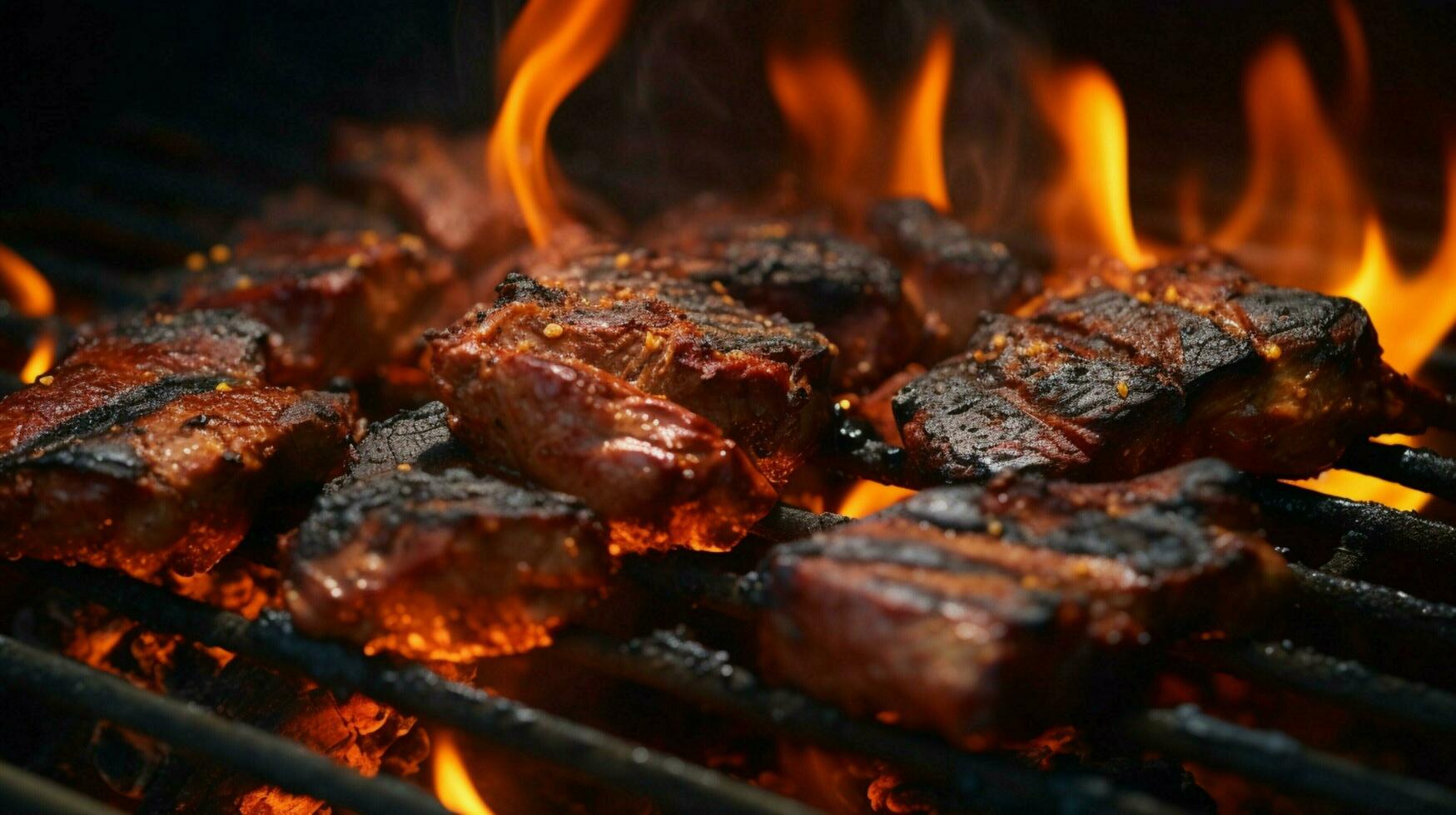 gegrild vlees Aan brand natuurlijk warmte barbecue steenkool dichtbij omhoog foto