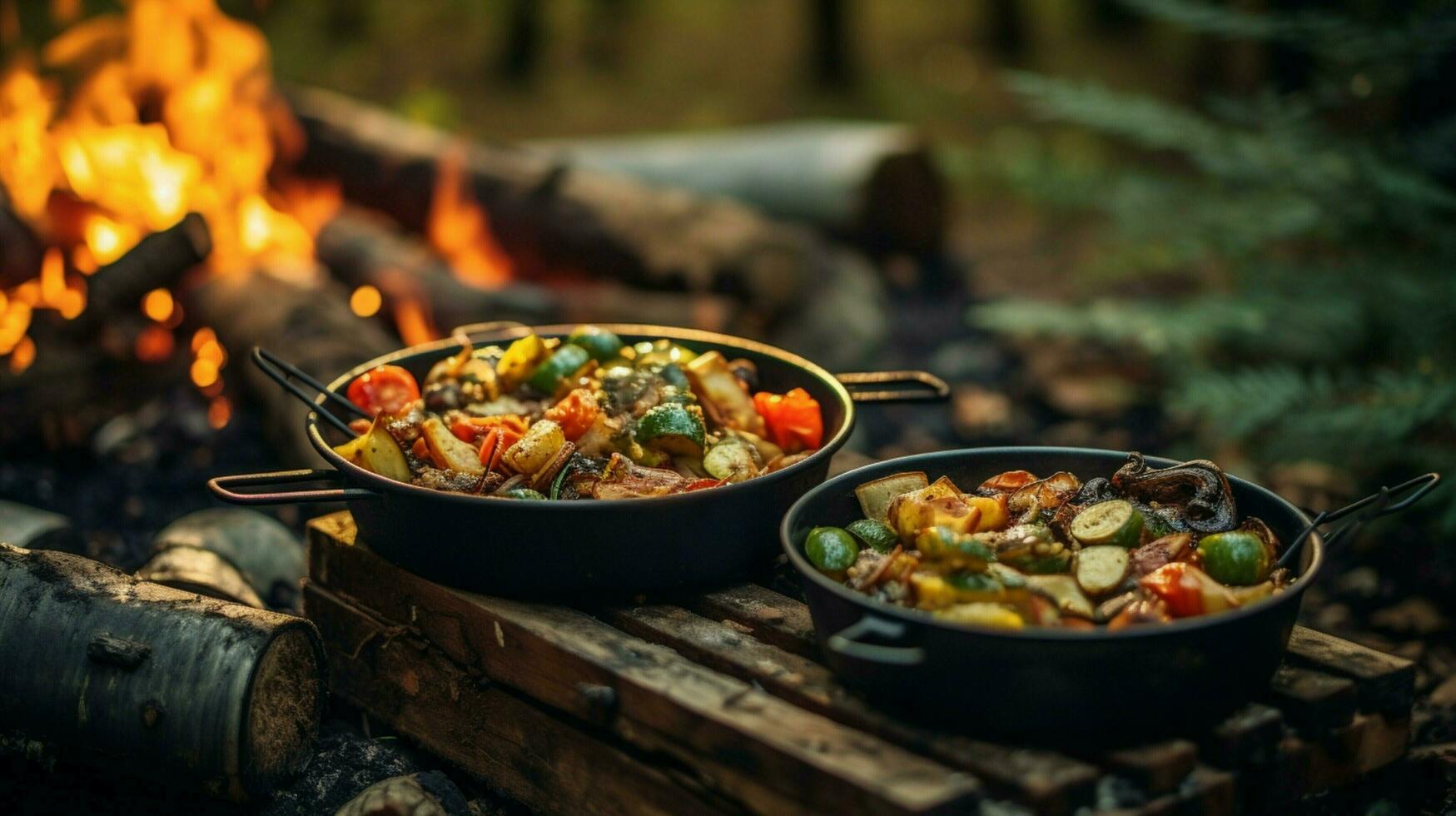 gezond vegetarisch maaltijd gekookt buitenshuis Aan hout vlam foto
