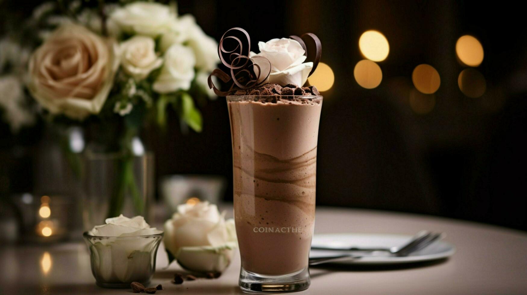 toegeeflijk chocola milkshake Aan elegant tafel decor foto