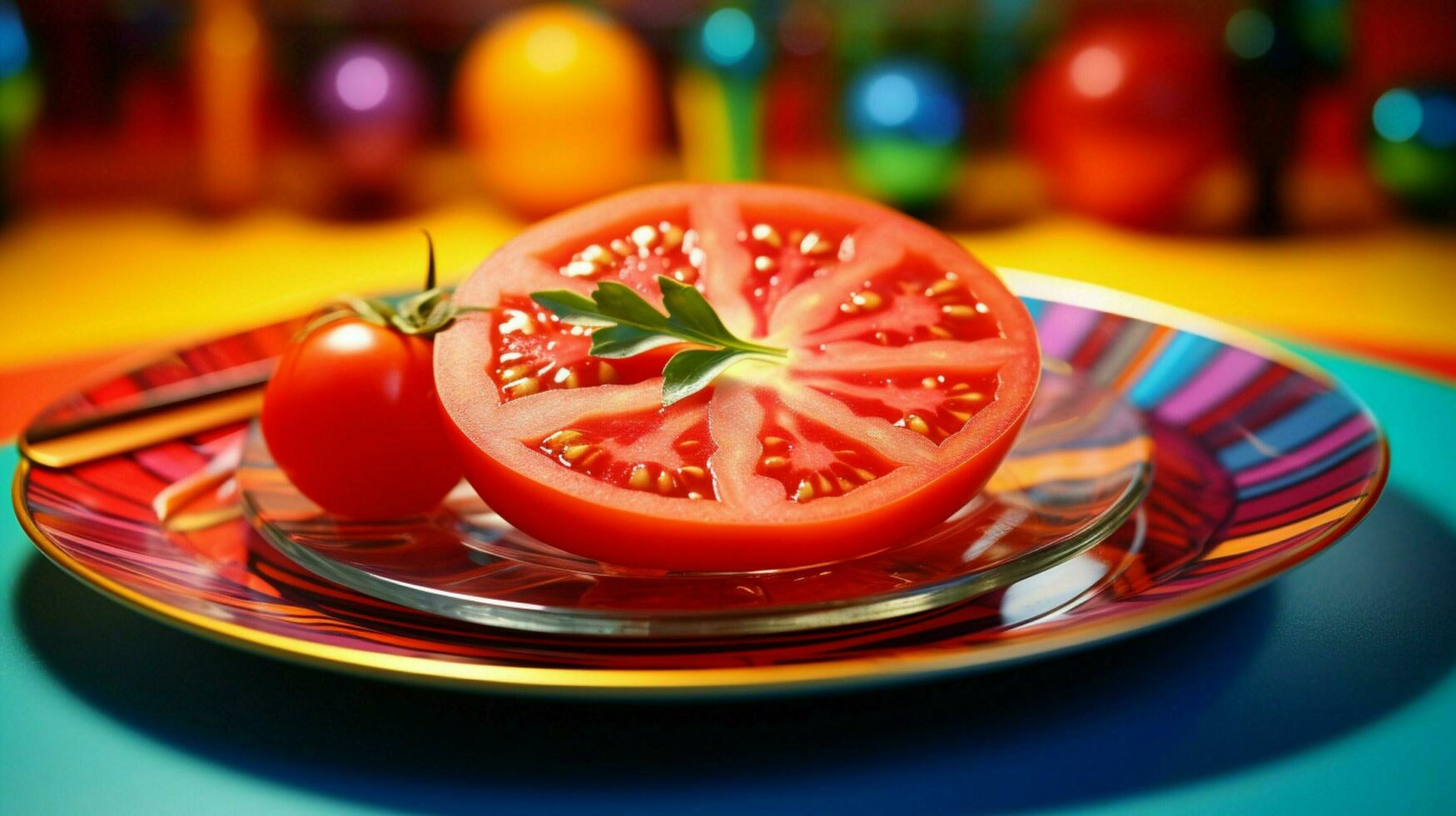 sappig rijp tomaat plak Aan levendig multi gekleurde salade foto