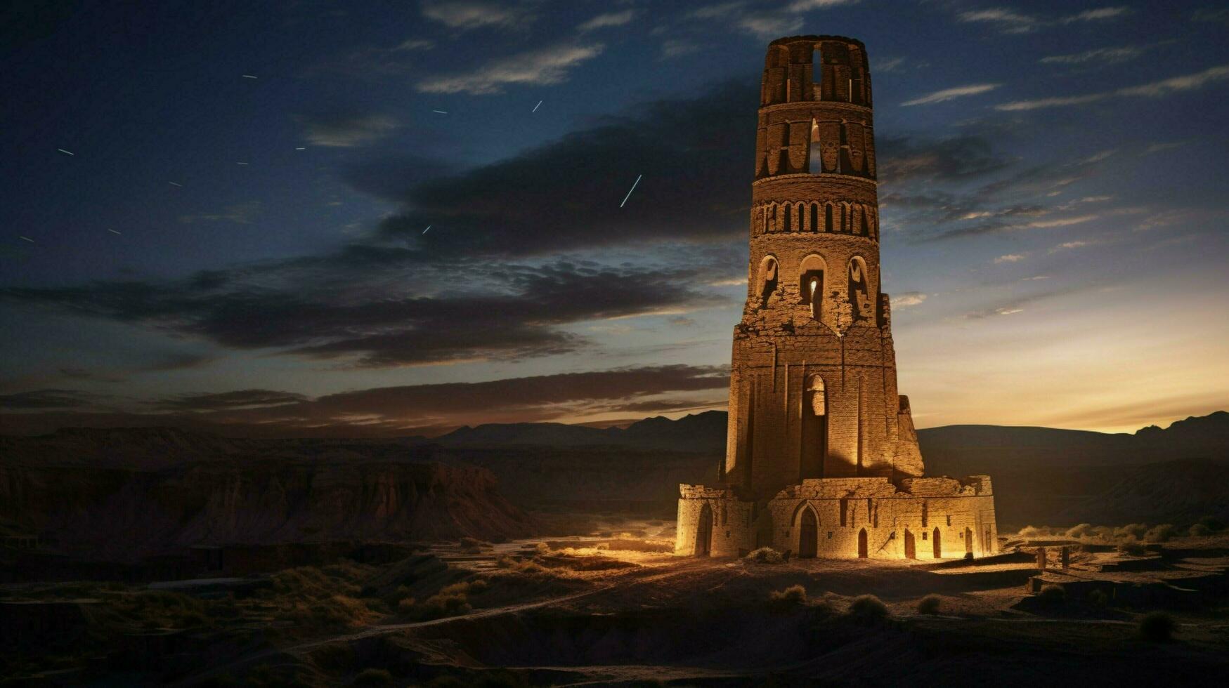 majestueus minaret verlicht de oude inheems cultuur foto