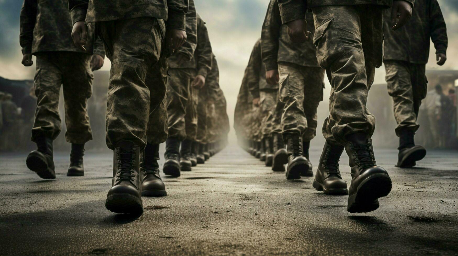 het marcheren leger van mannen in uniform en laarzen foto