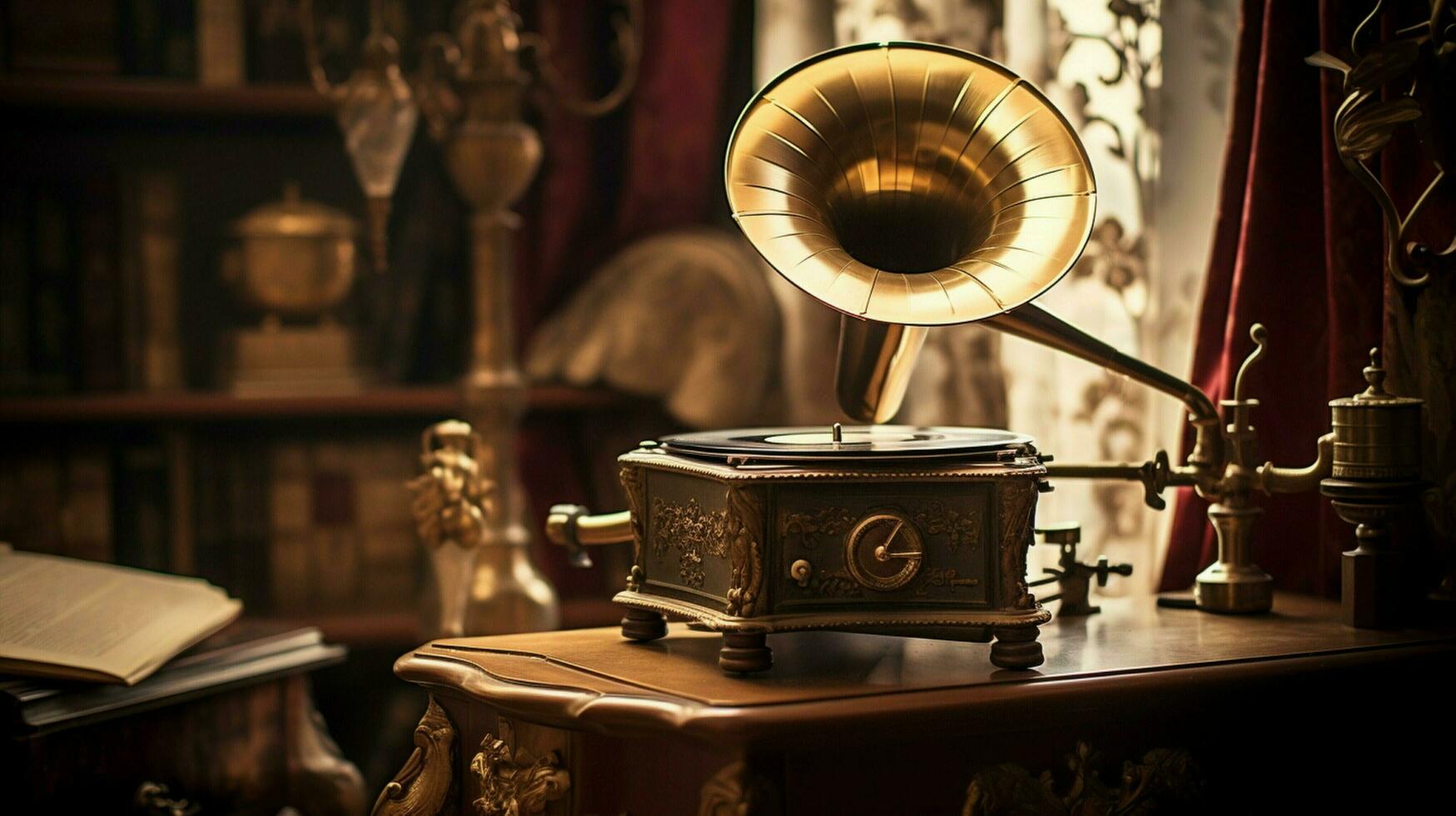oud fashioned grammofoon en metaal draaitafel voorgrond foto