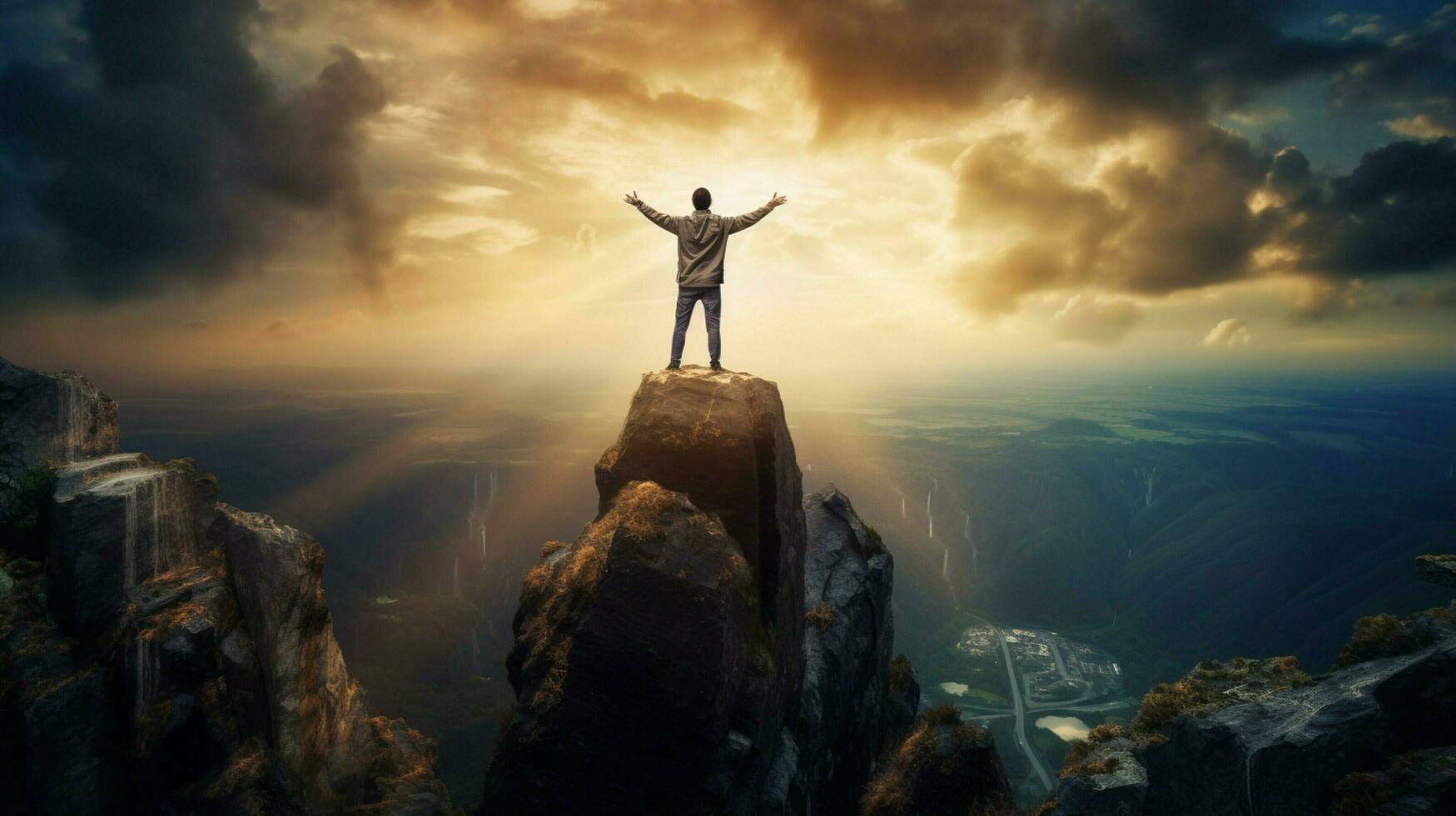 een persoon staand Aan klif bereiken succes foto