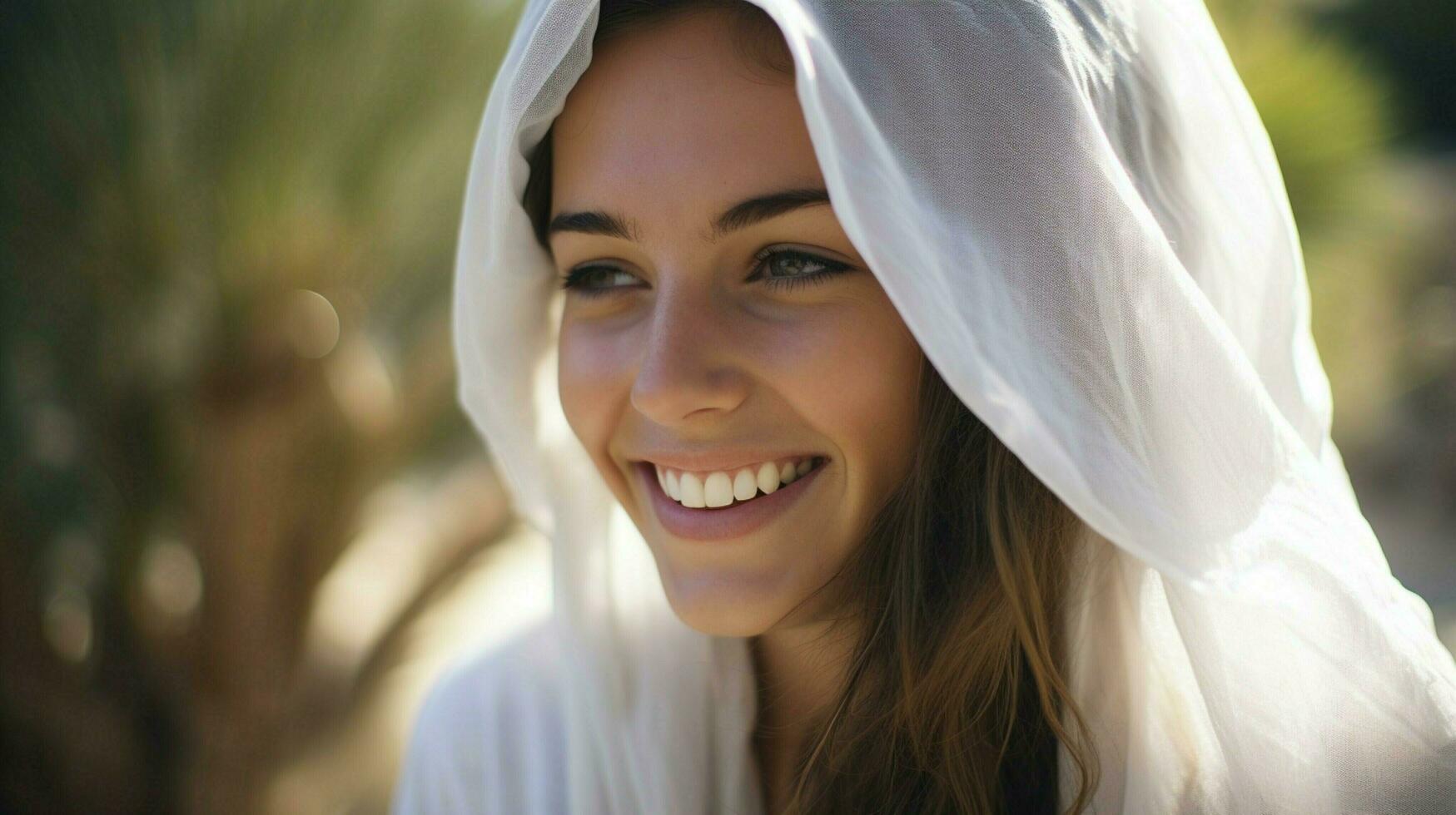 een jong vrouw religieus sluier glimlachen buitenshuis foto