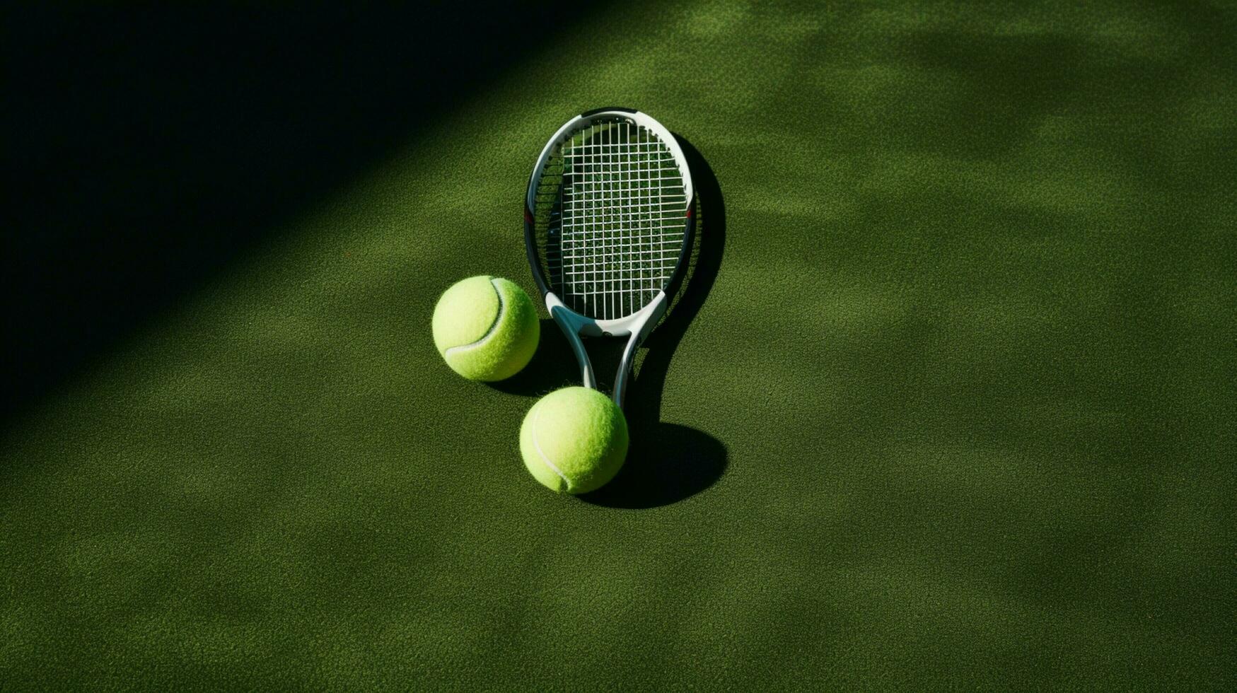 tennis bal racket en schaduw Aan groen gras foto