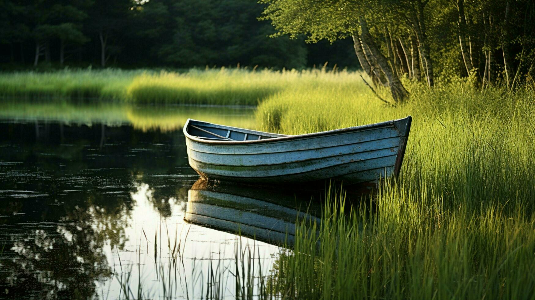 rustig tafereel oud roeiboot Aan gras reflecterend natuur schoonheid foto