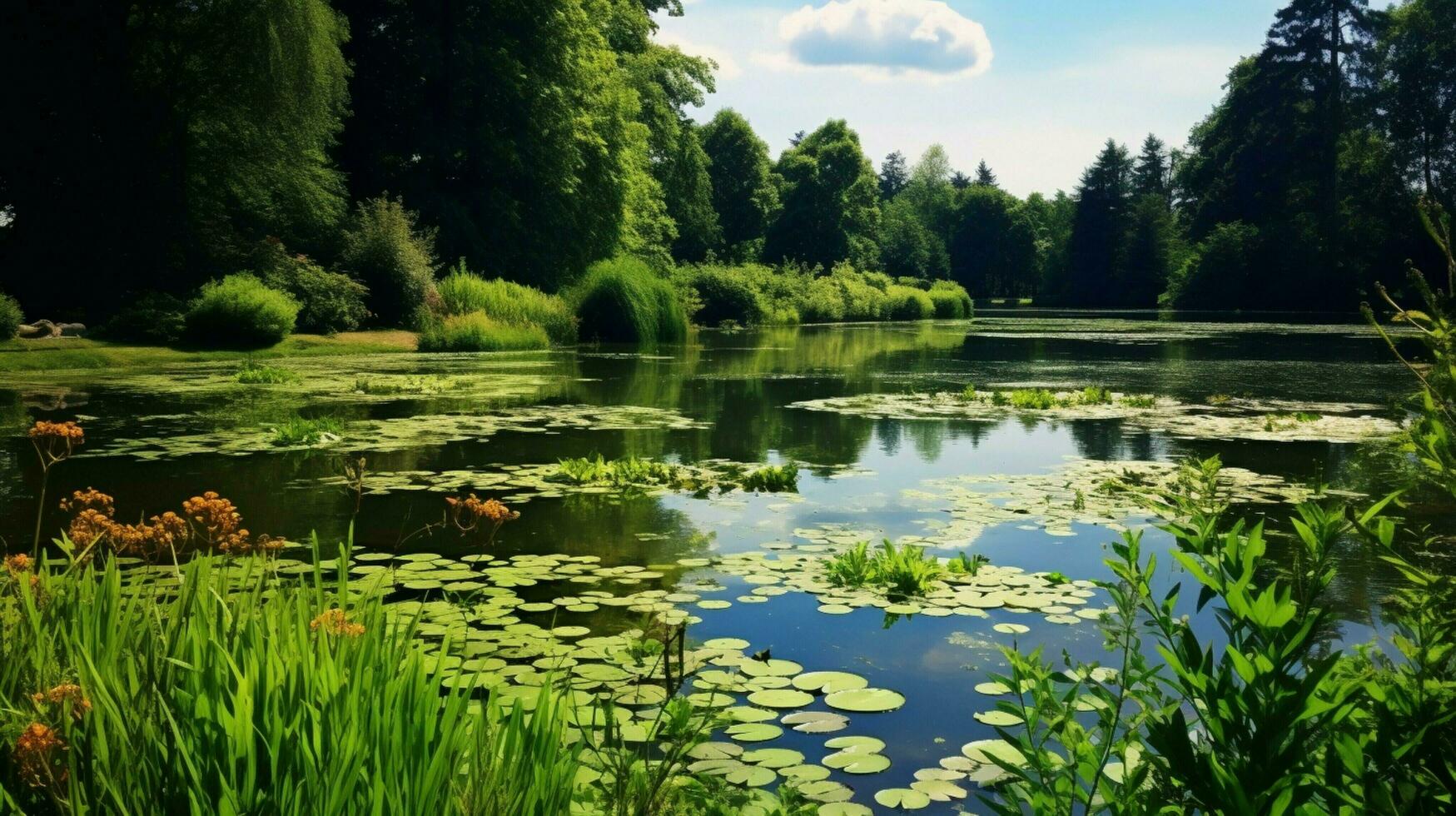 rustig zomer vijver weerspiegelt weelderig groen landschap schoonheid foto